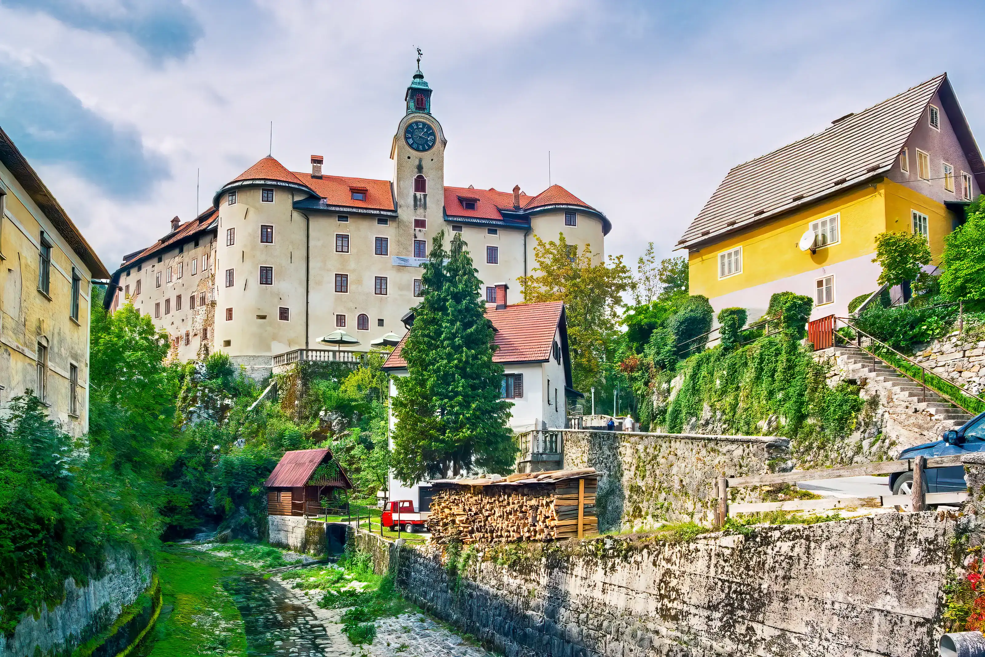 View of the Gewerkenegg Castle, in the historic center of Idrija, Slovenia
