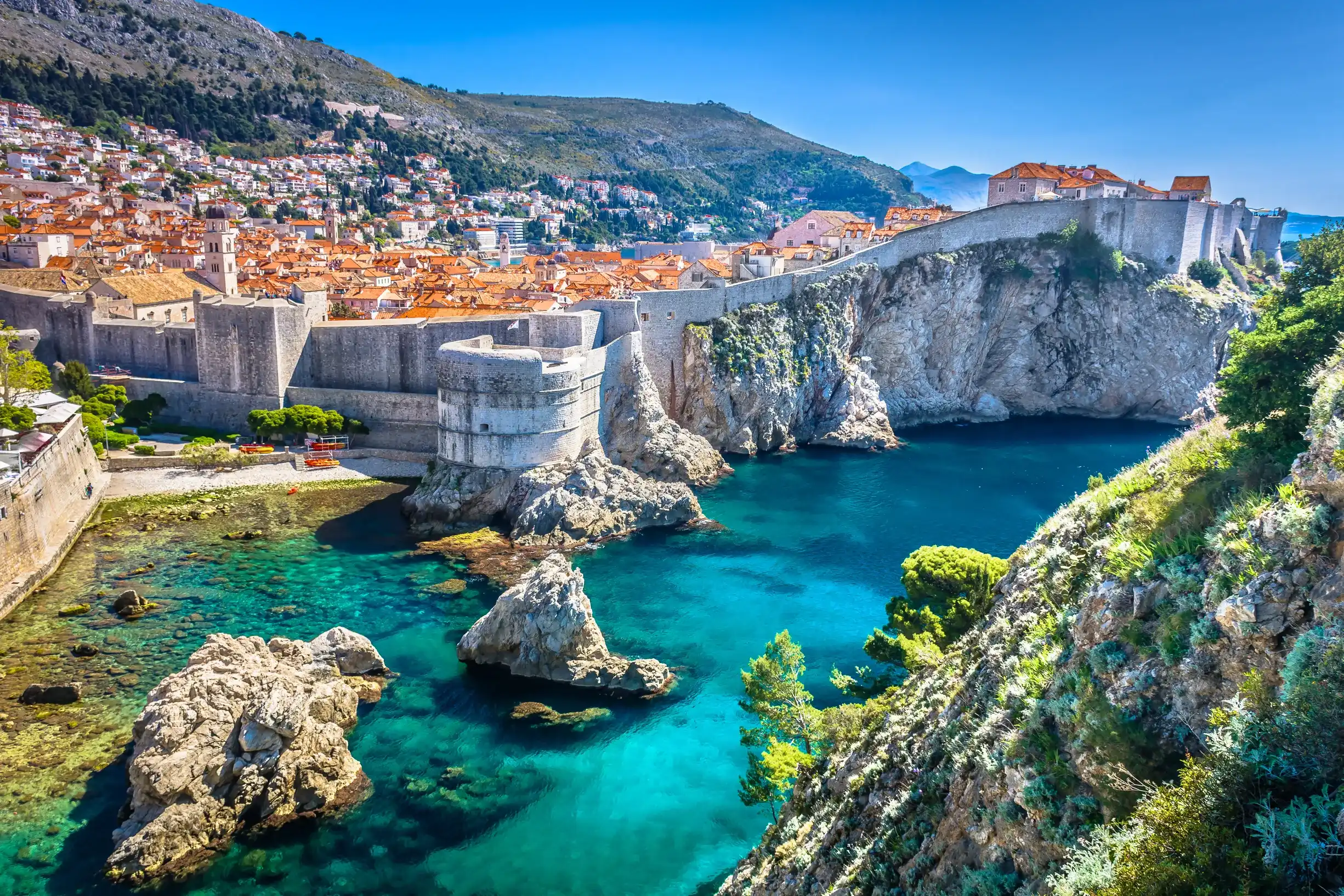 Aerial view at famous european travel destination in Croatia, Dubrovnik old town. / Selective focus.