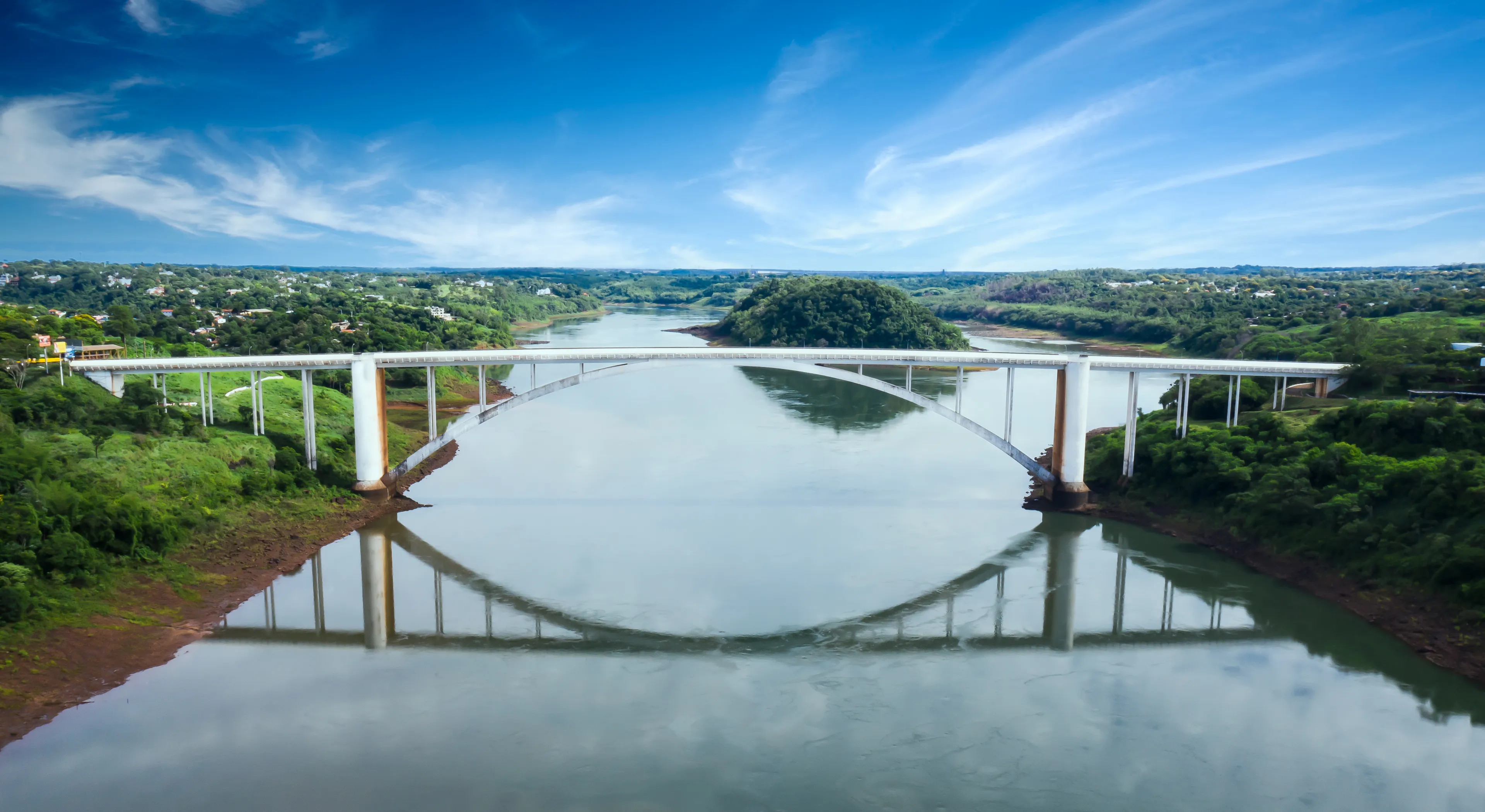 Ciudad del Este, Paraguay - January 17, 2020: Aerial view of Ciudad del Este, the second largest city in Paraguay, on the border with Foz do Iguacu, Brazil.