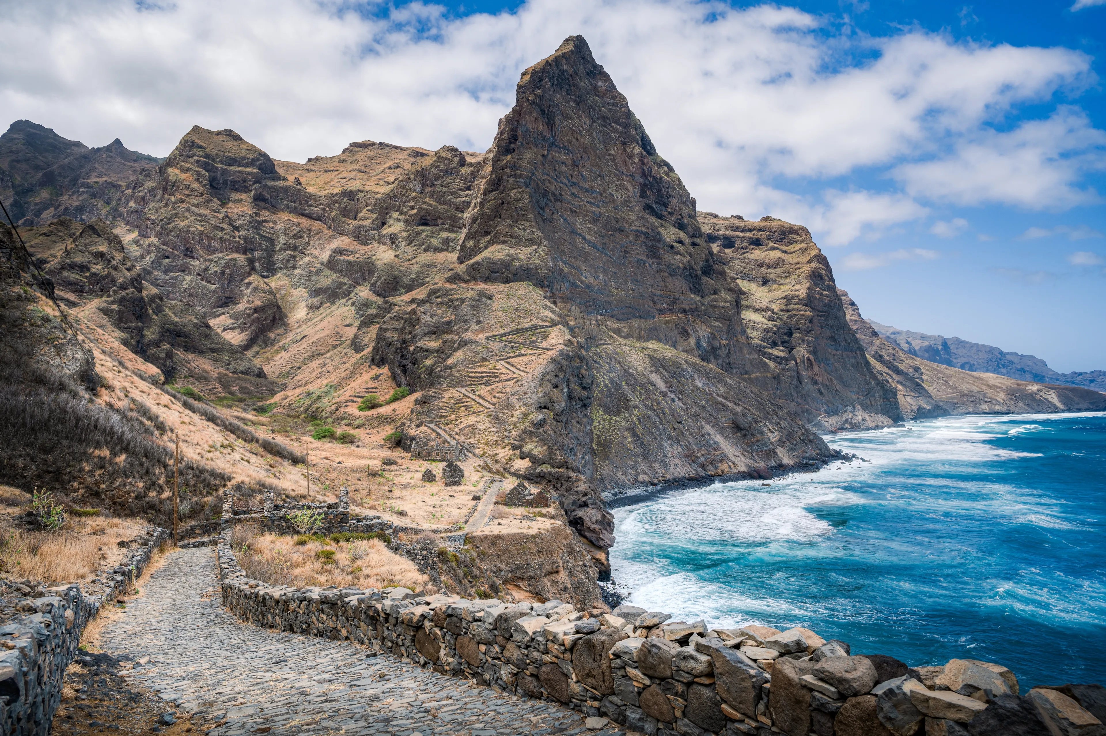 Cobblestone path along the coast on Santo Antao, trekking from village to another,ruins of Aranhas, Cabo verde