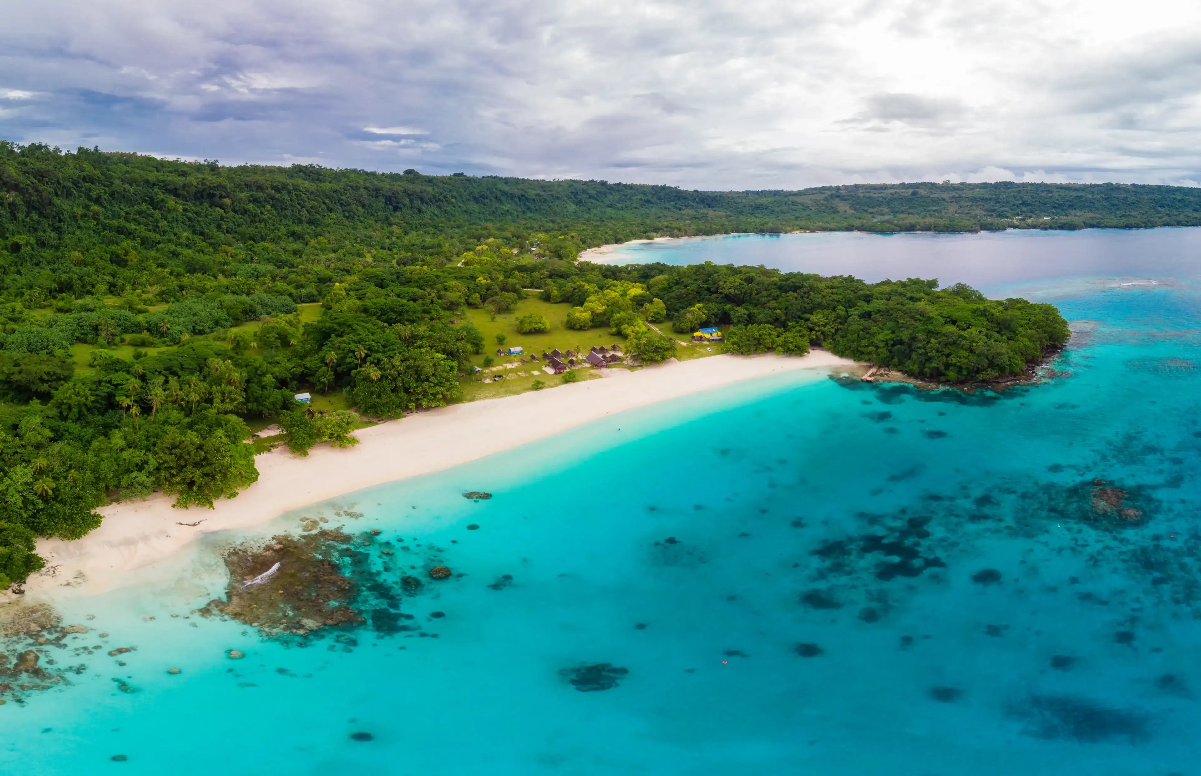 Drone view Champagne Beach, Vanuatu, Espiritu Santo island, near Luganville, South Pacific