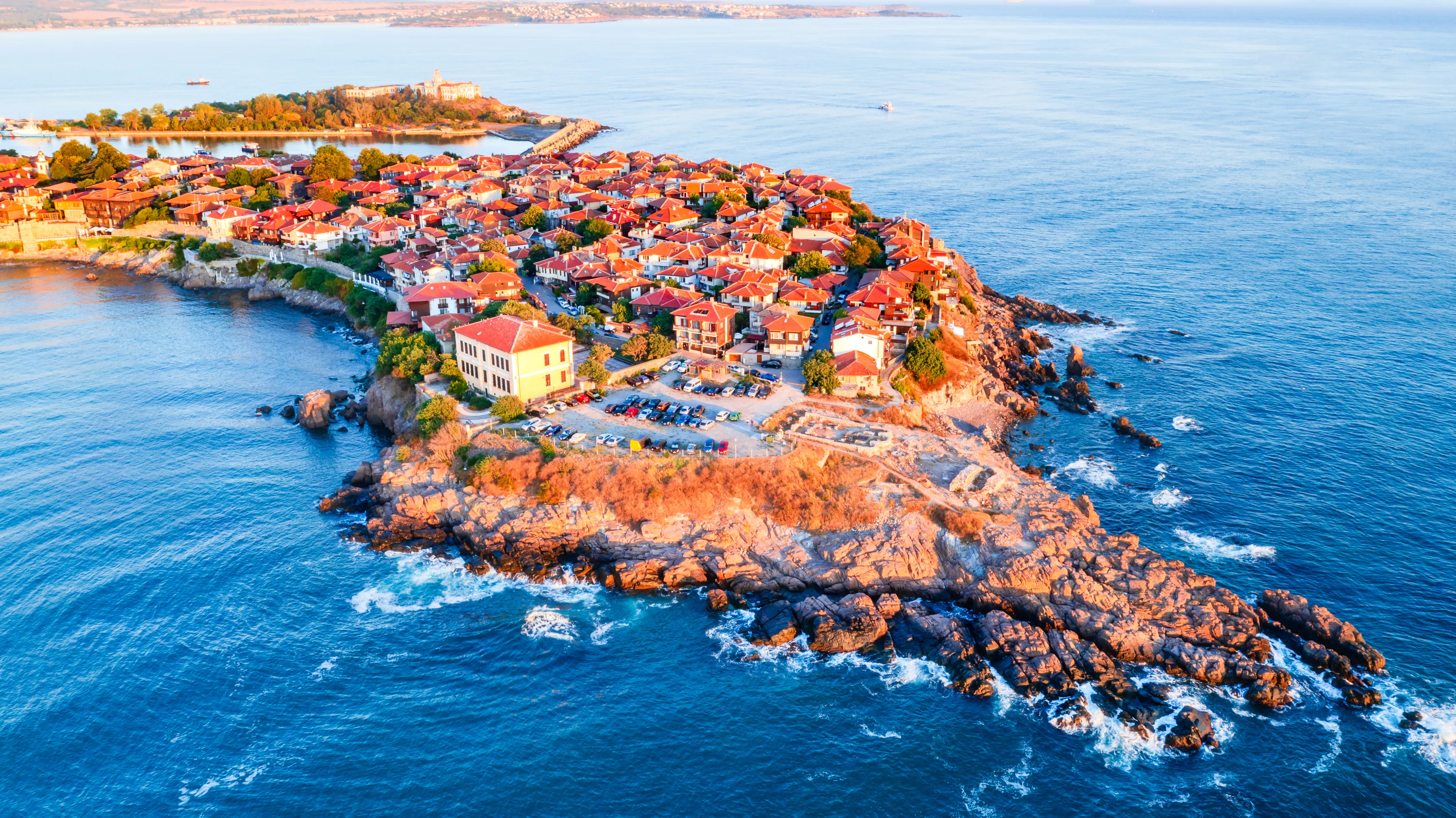 Sozopol, Bulgaria. Aerial view of the old town Apollonia, seaside town near Burgas