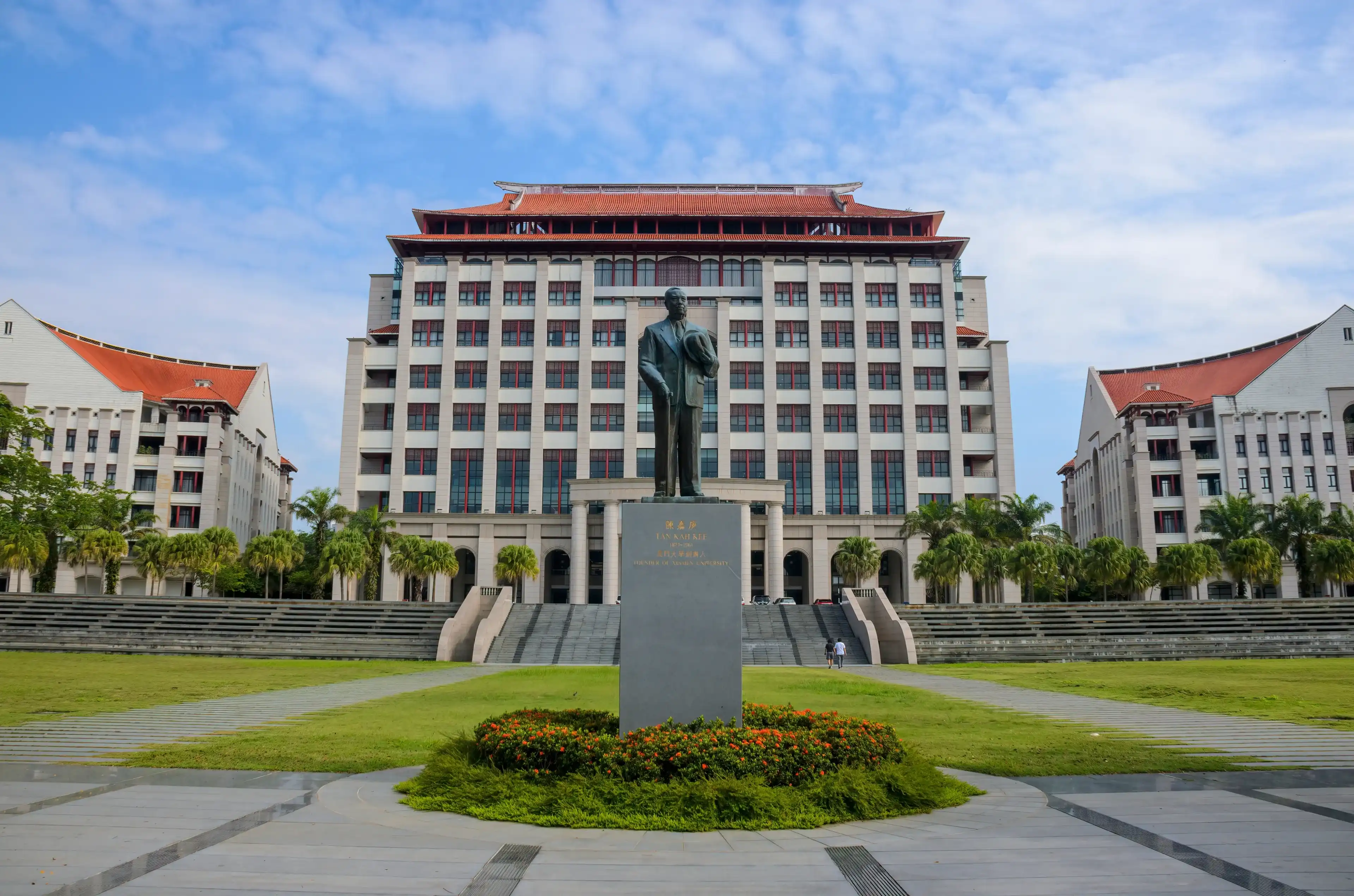 Sepang, Selangor, Malaysia - March 7 2024: Xiamen University Malaysia Campus front view with founder's statue.