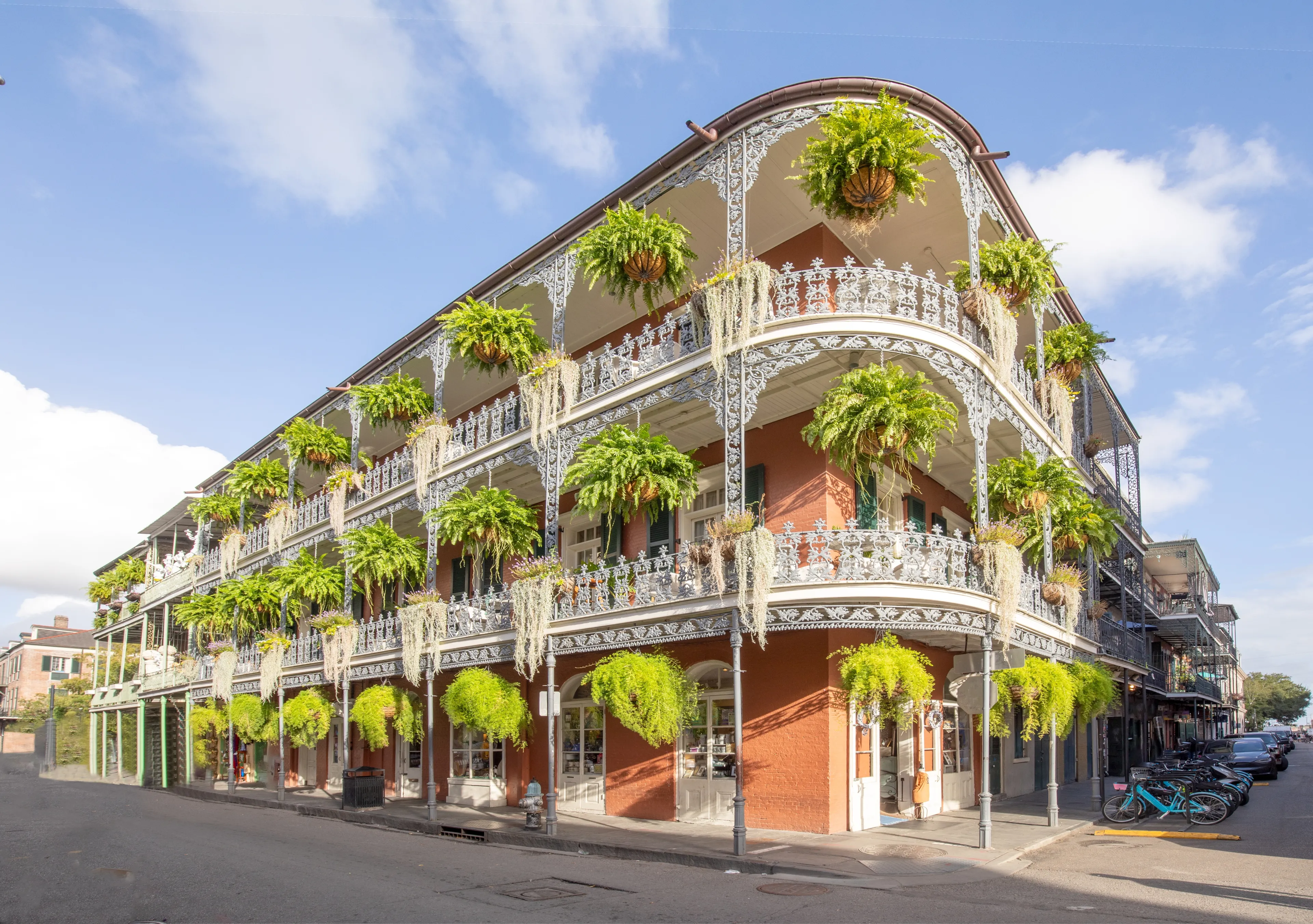 old french building with typical iron balconies in the french quarter in New Orleans, Louisiana, USA
