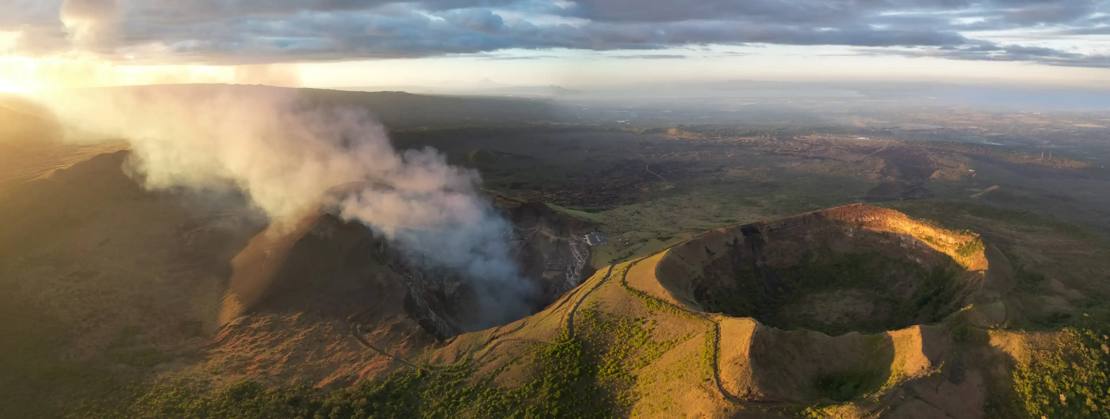 Santiago volcano crater in Masaya Nicaragua aerial drone view on sunset time