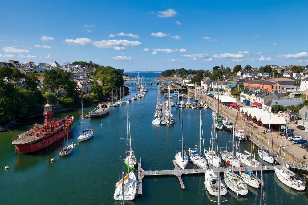 Douarnenez, France - August 29 2021: The Ria du Port-Rhu seen from the viaduct; on the right Douarnenez, on the left Tréboul, in the background Tristan island.