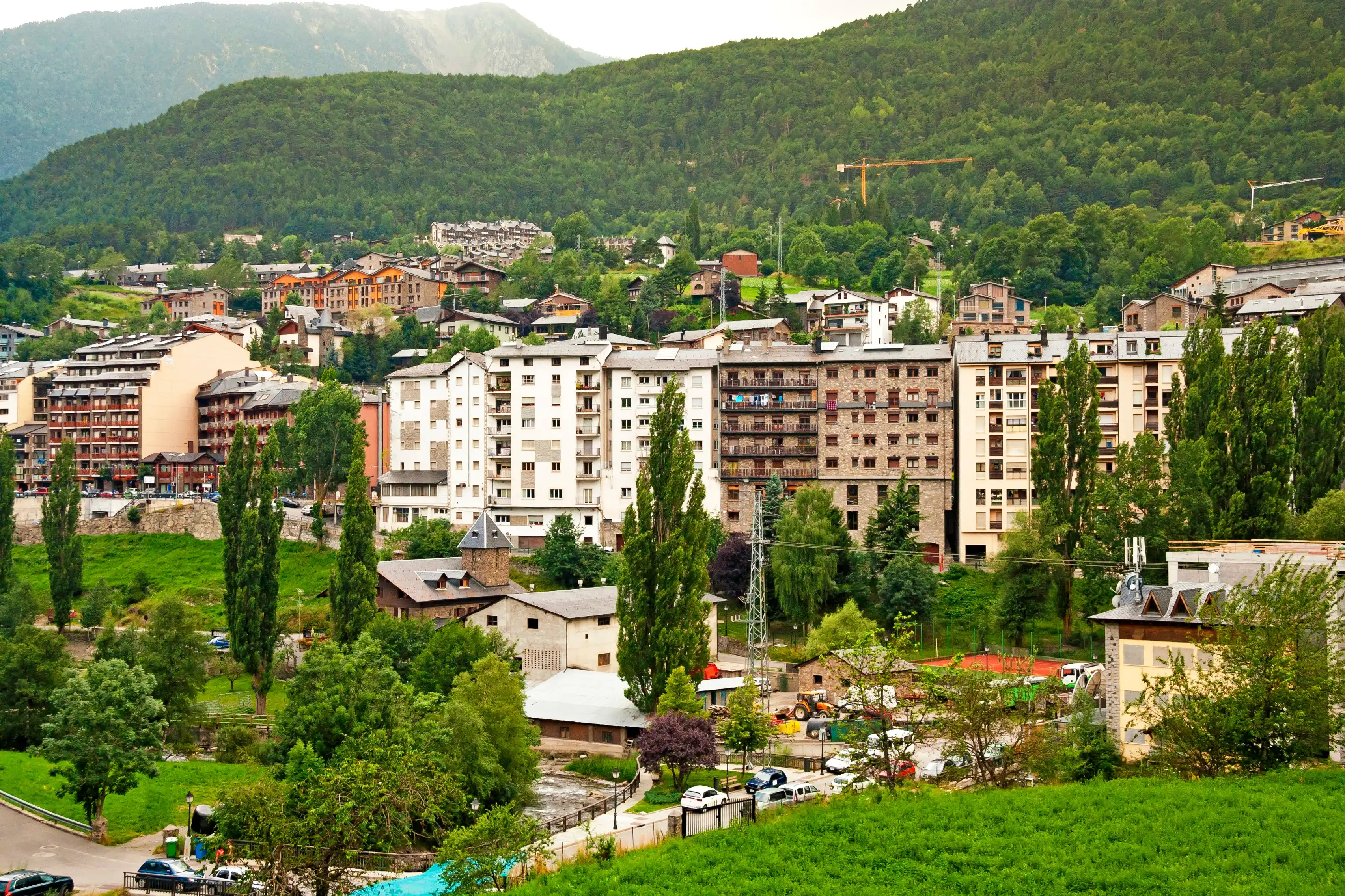 Andorra - La Massana - The general view of La Massana's downtown residential quarters in the narrow green Arinsal valley of Pyrenees mountains, the famous ski and summer resort Andorra - La Massana - The general view of La Massana's downtown residential quarters in the narrow green Arinsal valley of Pyrenees mountains, the famous ski and summer resort