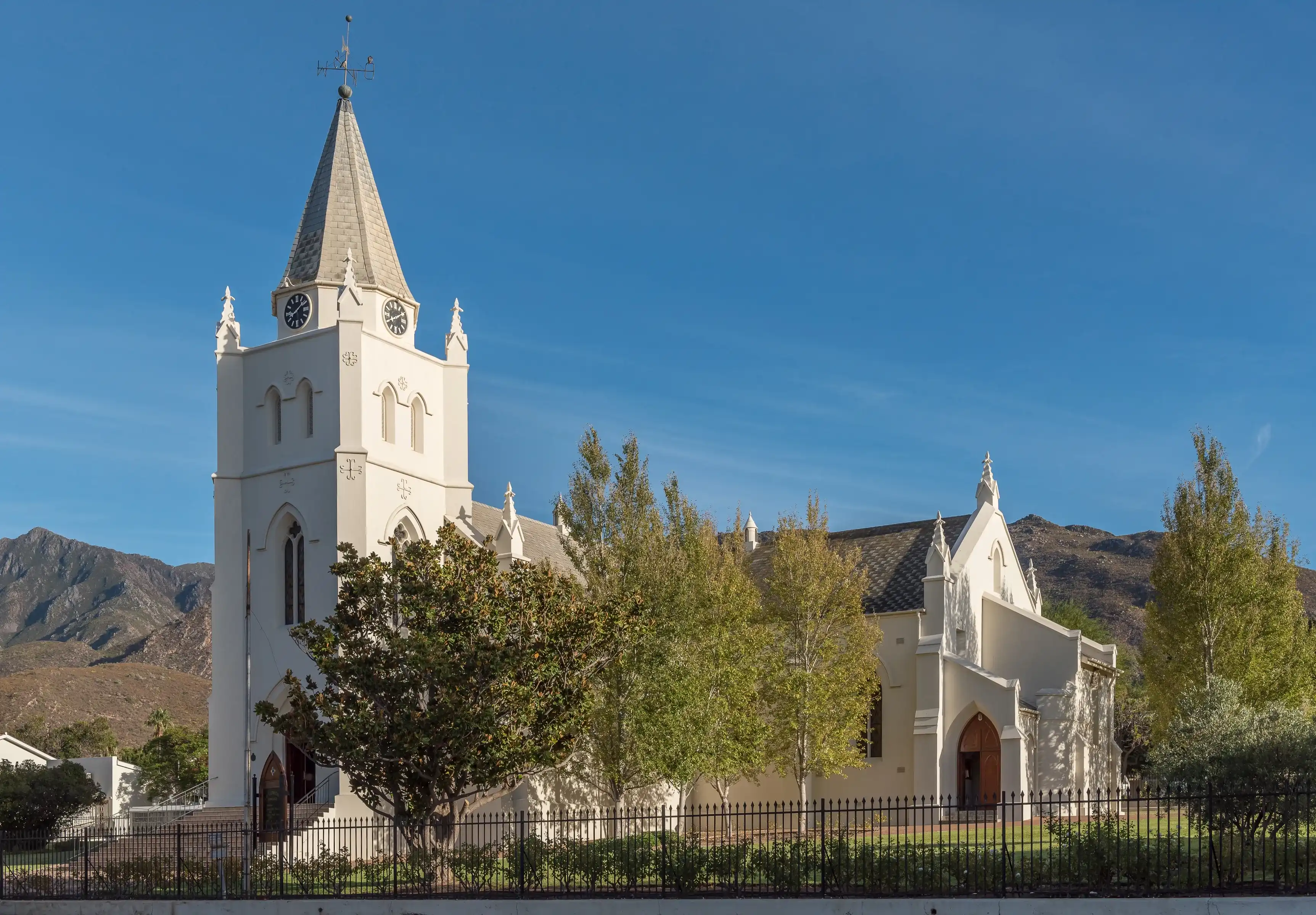 MONTAGU, SOUTH AFRICA - MARCH 26, 2017: The historic Dutch Reformed Church in Montagu, a town in the Western Cape Province MONTAGU, SOUTH AFRICA - MARCH 26, 2017: The historic Dutch Reformed Church in Montagu, a town in the Western Cape Province