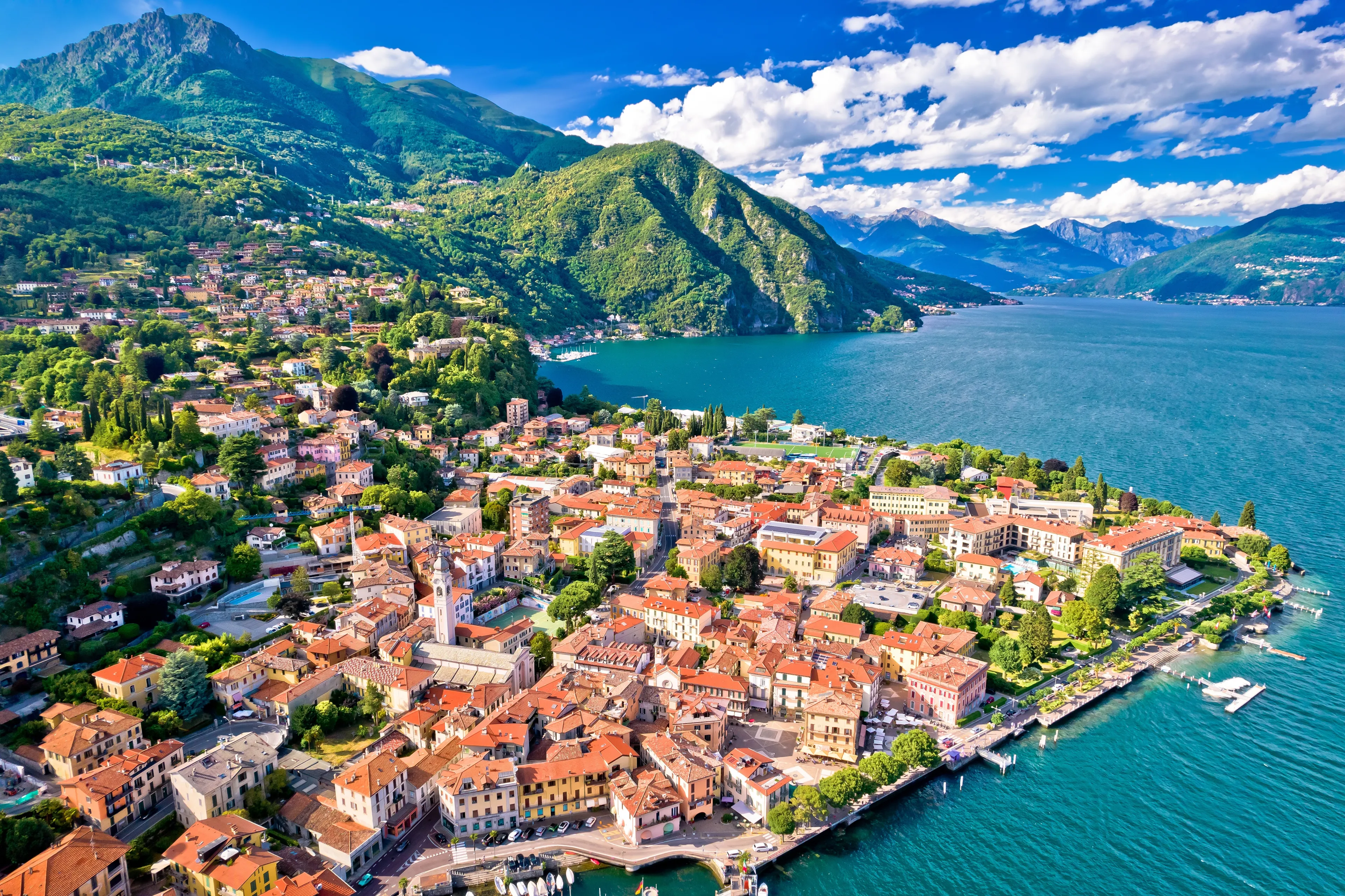Como Lake and town of Menaggio waterfront aerial view, Lombardy region of Italy