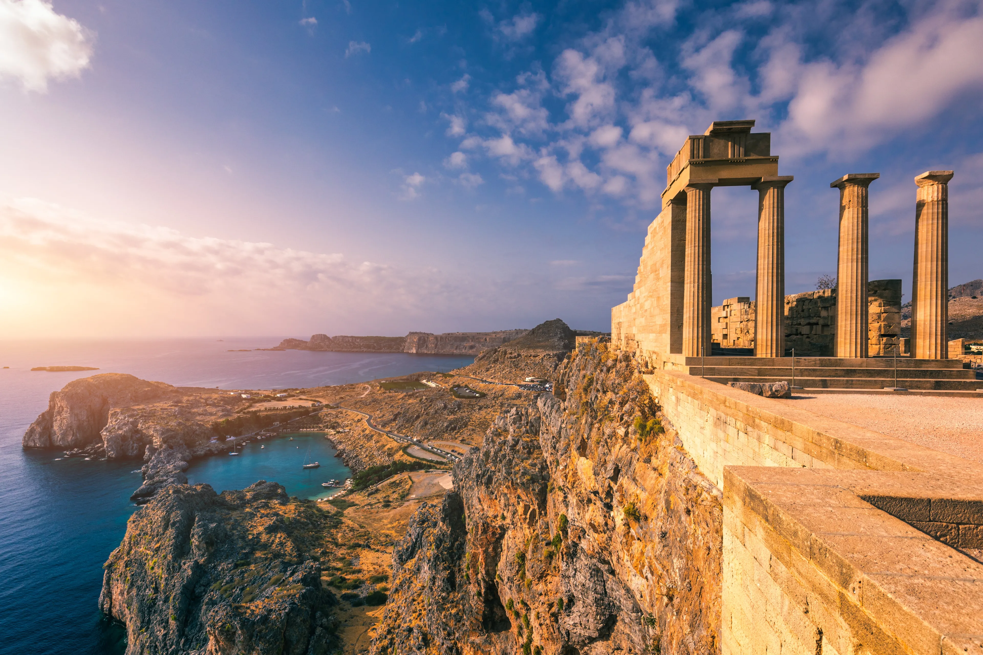 Aerial view on St. Paul's bay in Lindos, Rhodes island, Greece. Panoramic shot overlooking St Pauls Bay at Lindos on the Island of Rhodes, Greece, Europe.