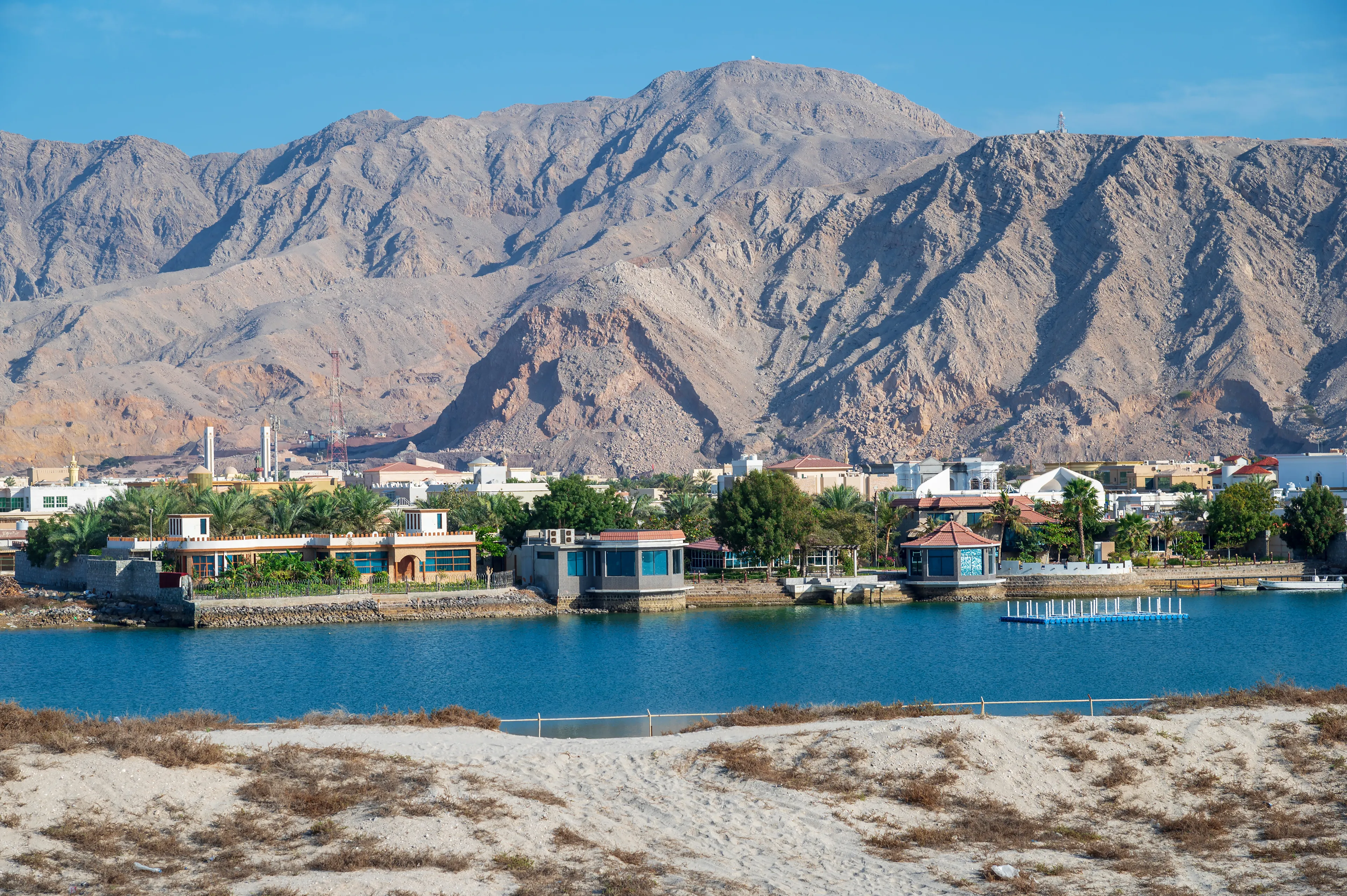 Al Rams county, the suburb of Ras Al Khaimah emirate in the United Arab Emirates settling bellow the sandstone mountains by the seaside