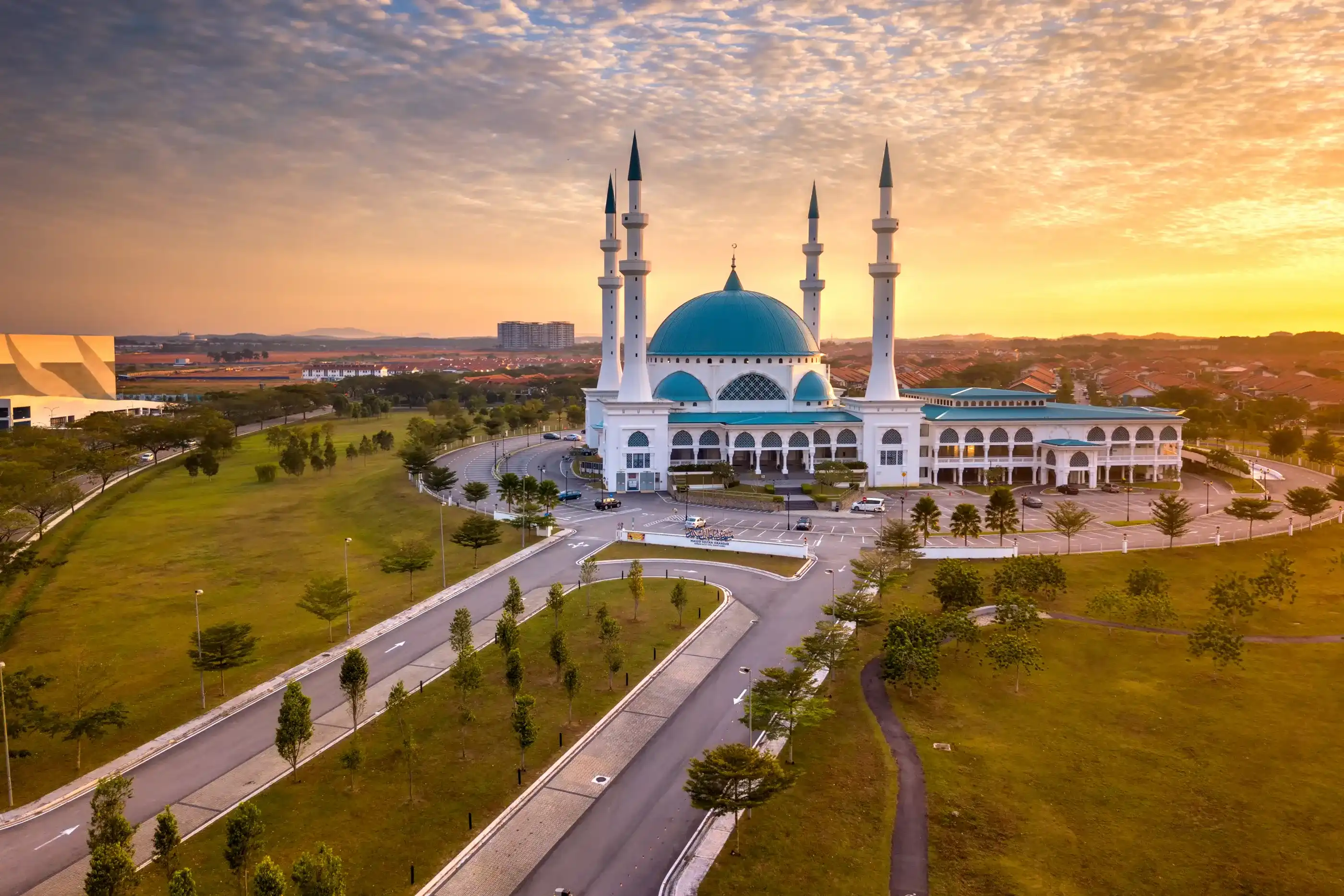 Aerial view of Masjid Sultan Iskandar, Bandar Baru Dato’ Onn Johor Bahru, Malaysia during sunrise.