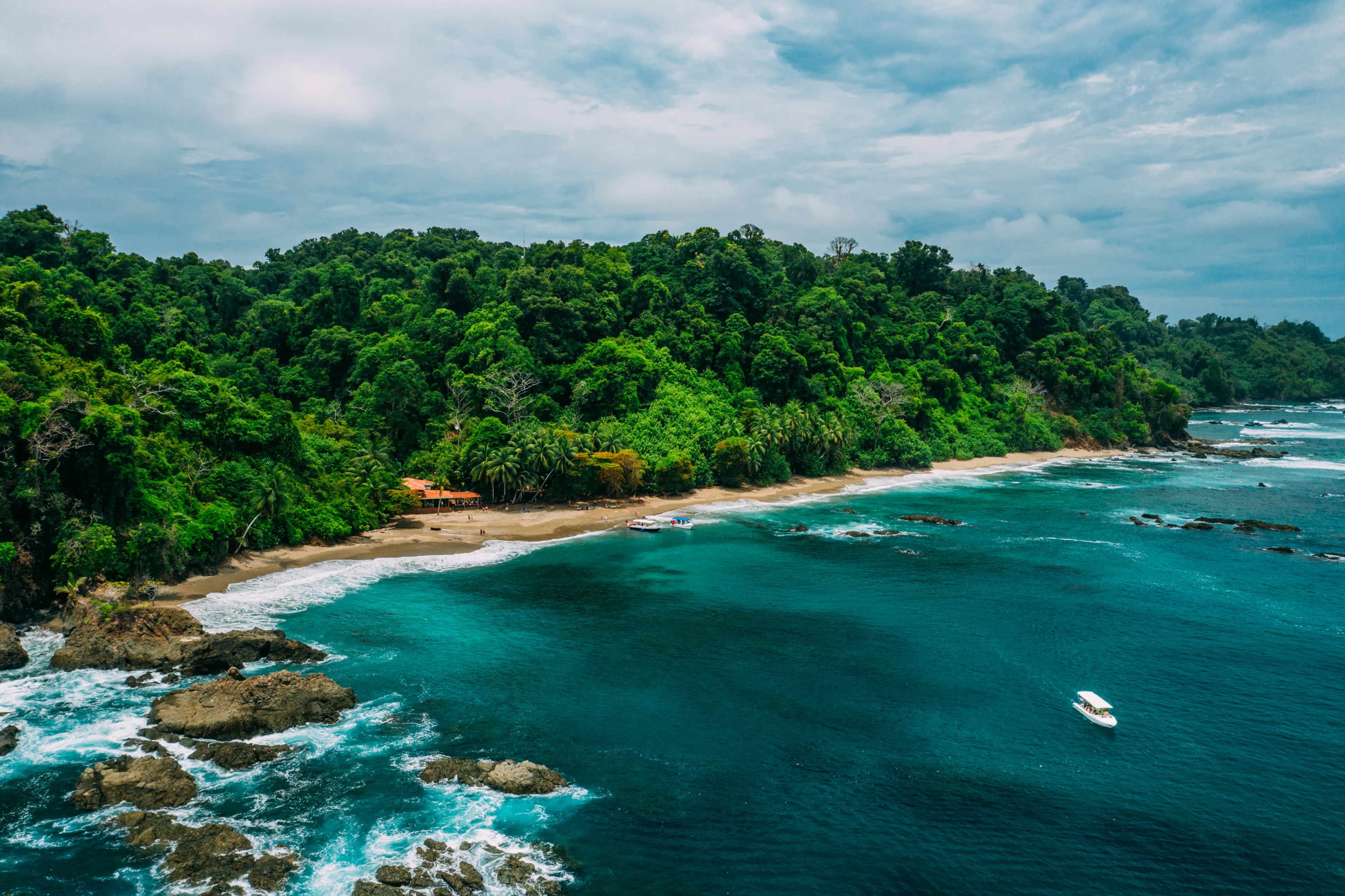 Aerial Drone View of a tropical island with lush jungle in Costa Rica, Isla del Caño