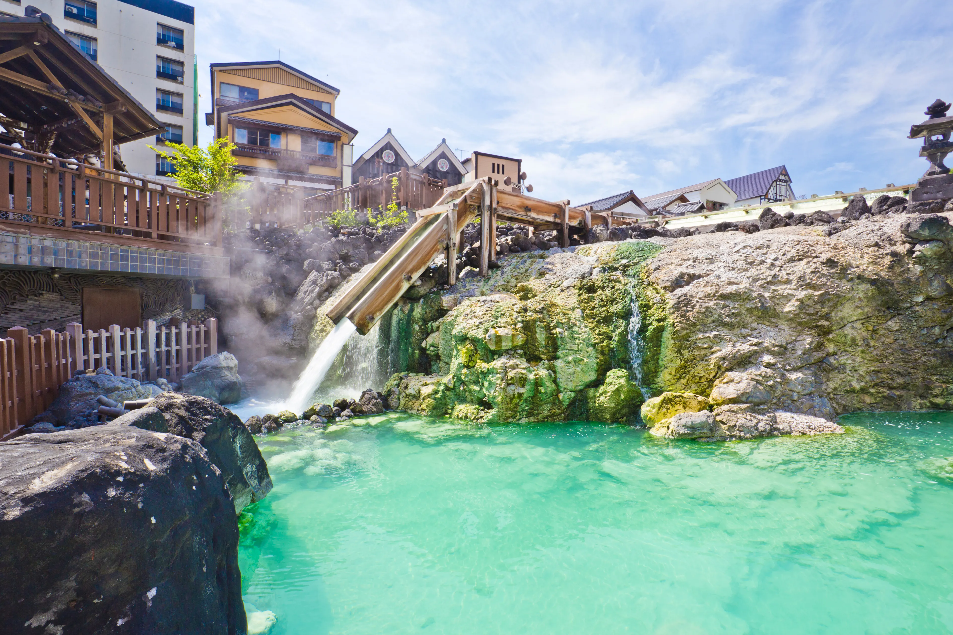 Yubatake onsen, hot spring wooden boxes with mineral water in Kusatsu onsen, Gunma prefecture, Japan