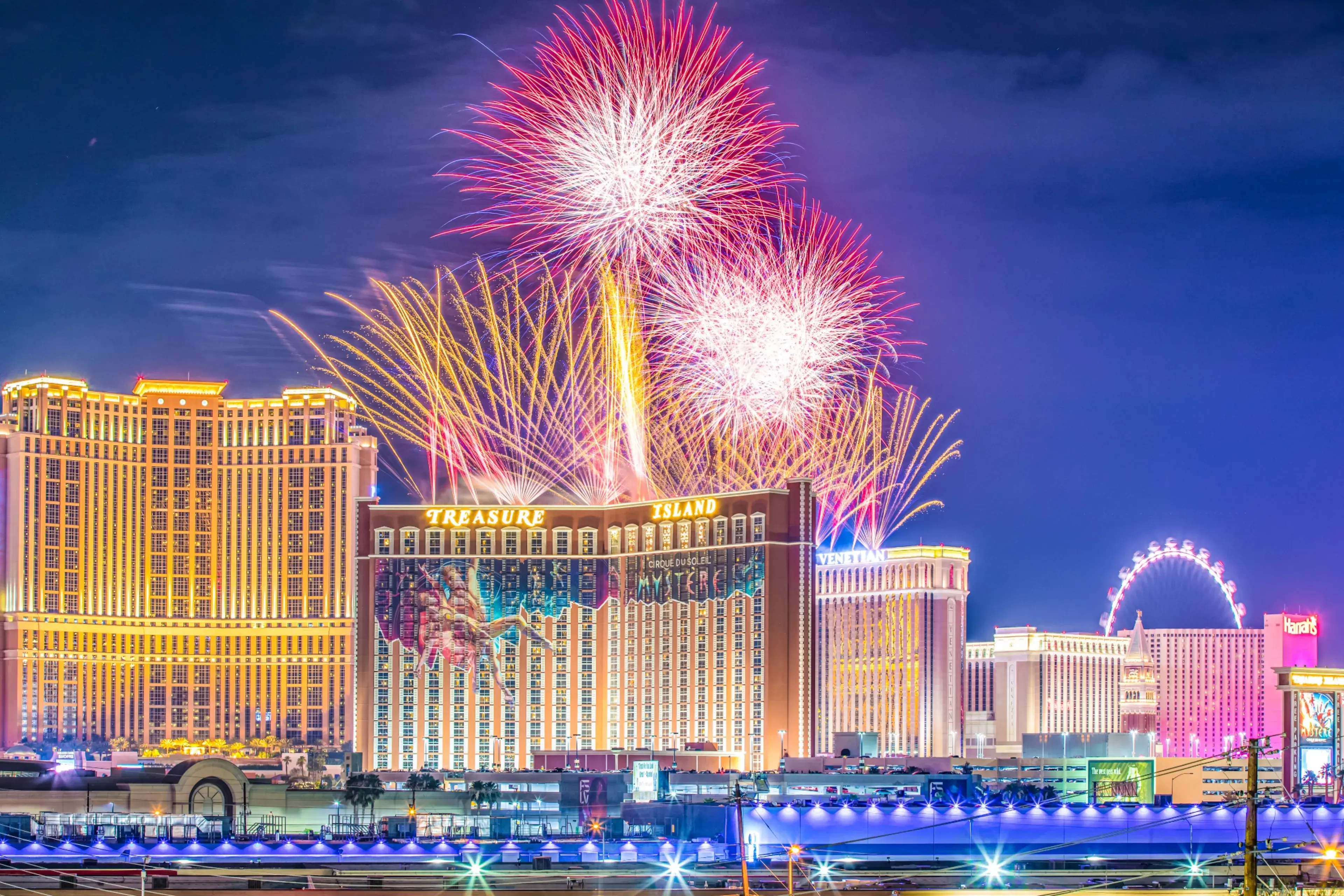 Las Vegas, NV, USA 7-4-2021: The entire Las Vegas Strip hosts a synchronized fireworks show twice a year: Fourth of July and New Year’s Eve. Notable mega casino properties participate in the events. Las Vegas, NV, USA 7-4-2021: The entire Las Vegas Strip hosts a synchronized fireworks show twice a year: Fourth of July and New Year’s Eve. Notable mega casino properties participate in the events.