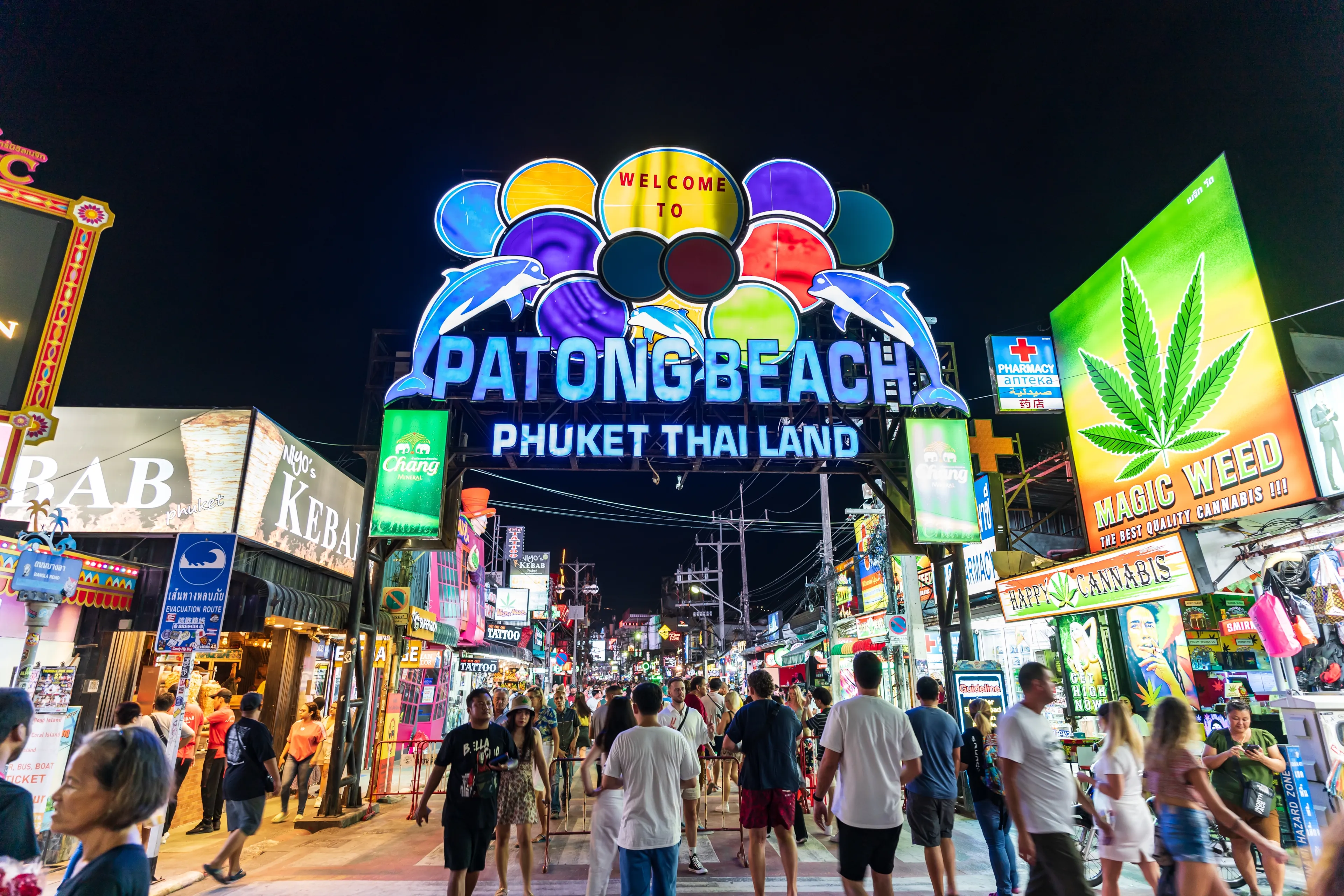 PHUKET, THAILAND - April 25, 2023: Tourists are walking at Bangla road near patong beach, Bangla Road is Phuket's most important night street