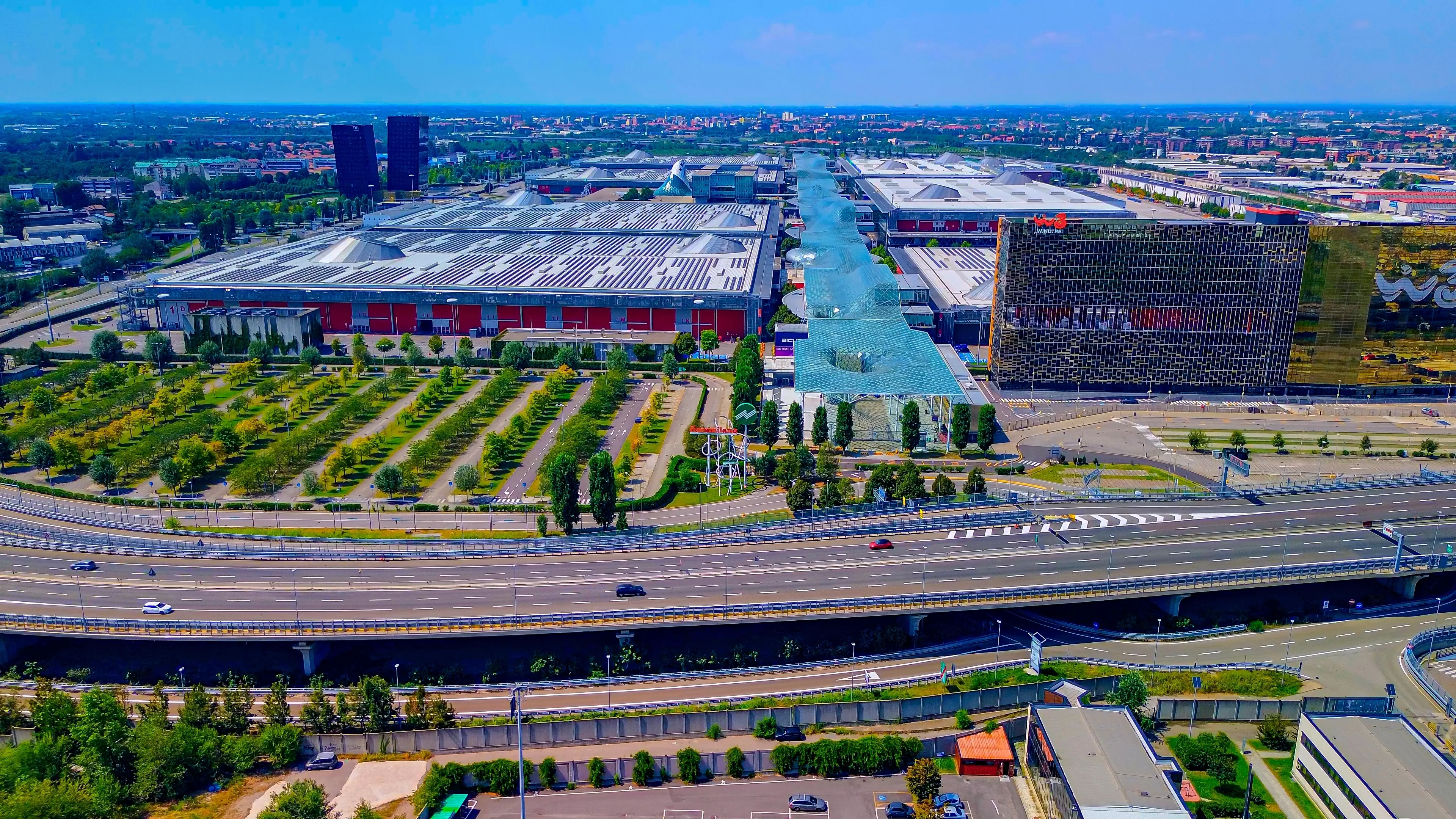 Aerial view of the Rho Fiera Milano exhibition center, holding events of international fairs and exhibitions in its padillions. Expo zone. Exhibitions of industrialists. Milan Italy 10.2023