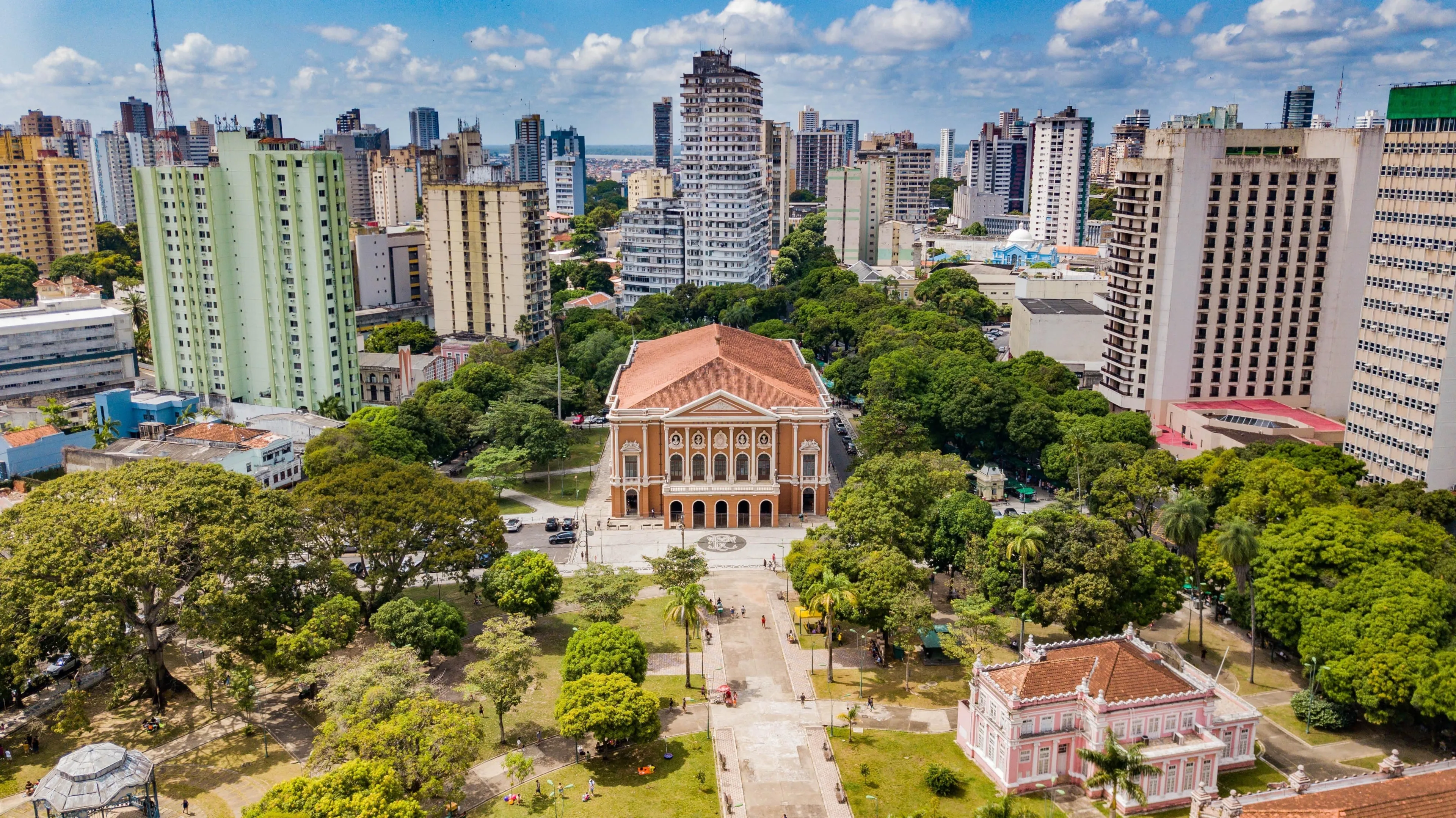 Belém, Pará. Aerial view of Praça da República and Teatro da Paz with the buildings of the city of Belém around