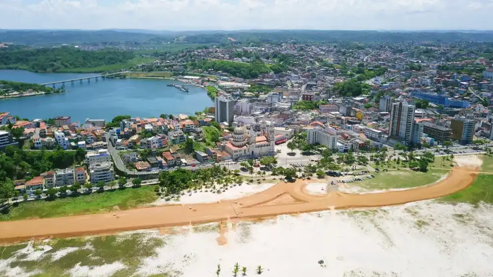 Aerial footage of Ilhéus, Bahia. Central Cathedral and Soares Lopes avenue Aerial footage of Ilhéus, Bahia. Central Cathedral and Soares Lopes avenue