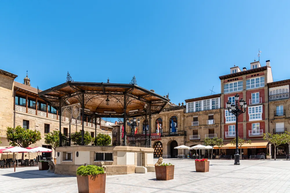Haro, Spain - August 6, 2020: Peace Square in medieval village of Haro