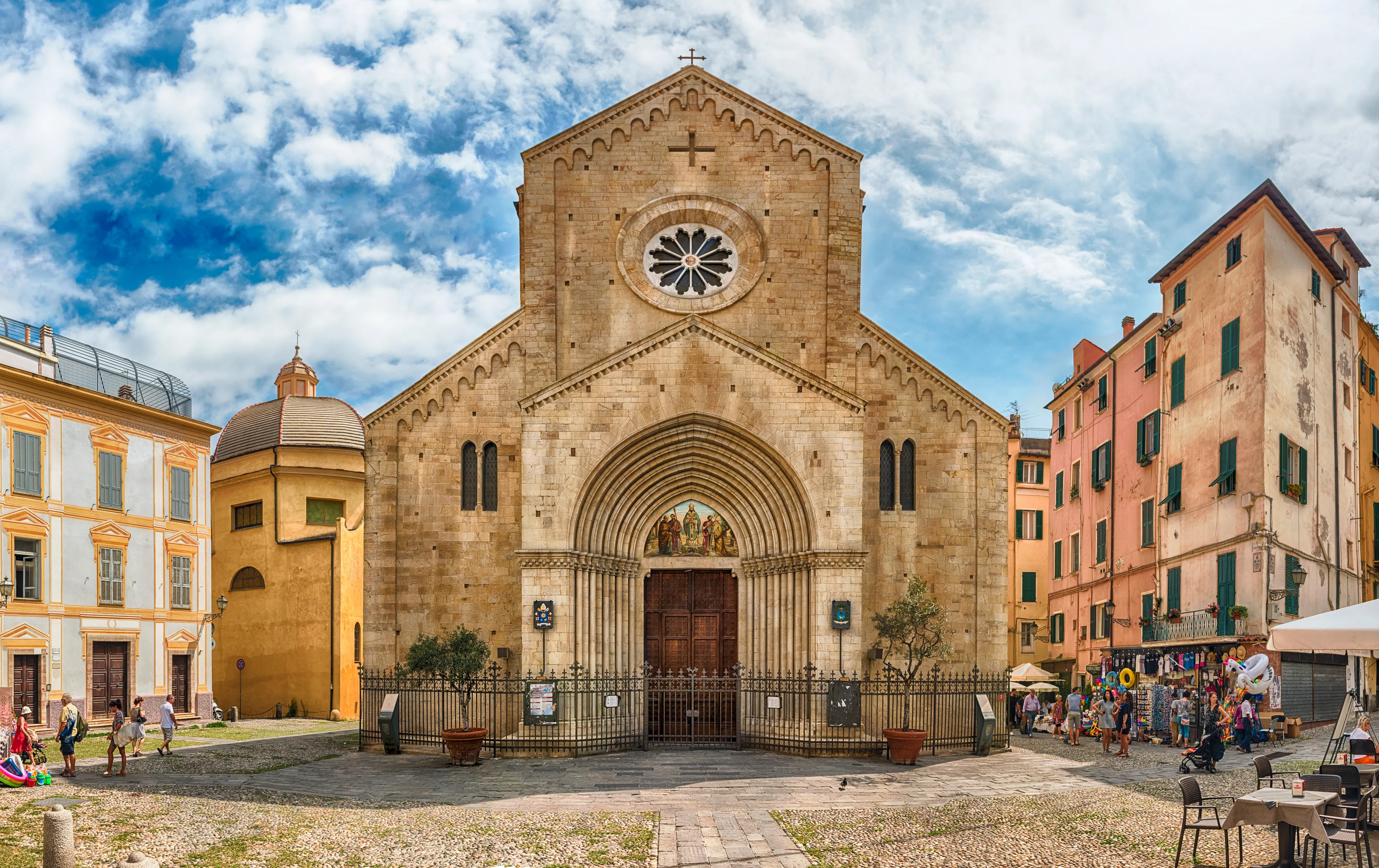 SANREMO, ITALY - AUGUST 18: Facade of the Cathedral of San Siro in Sanremo, Italy, as seen on August 18, 2019. The church is the most ancient religious building and a major landmark of the city