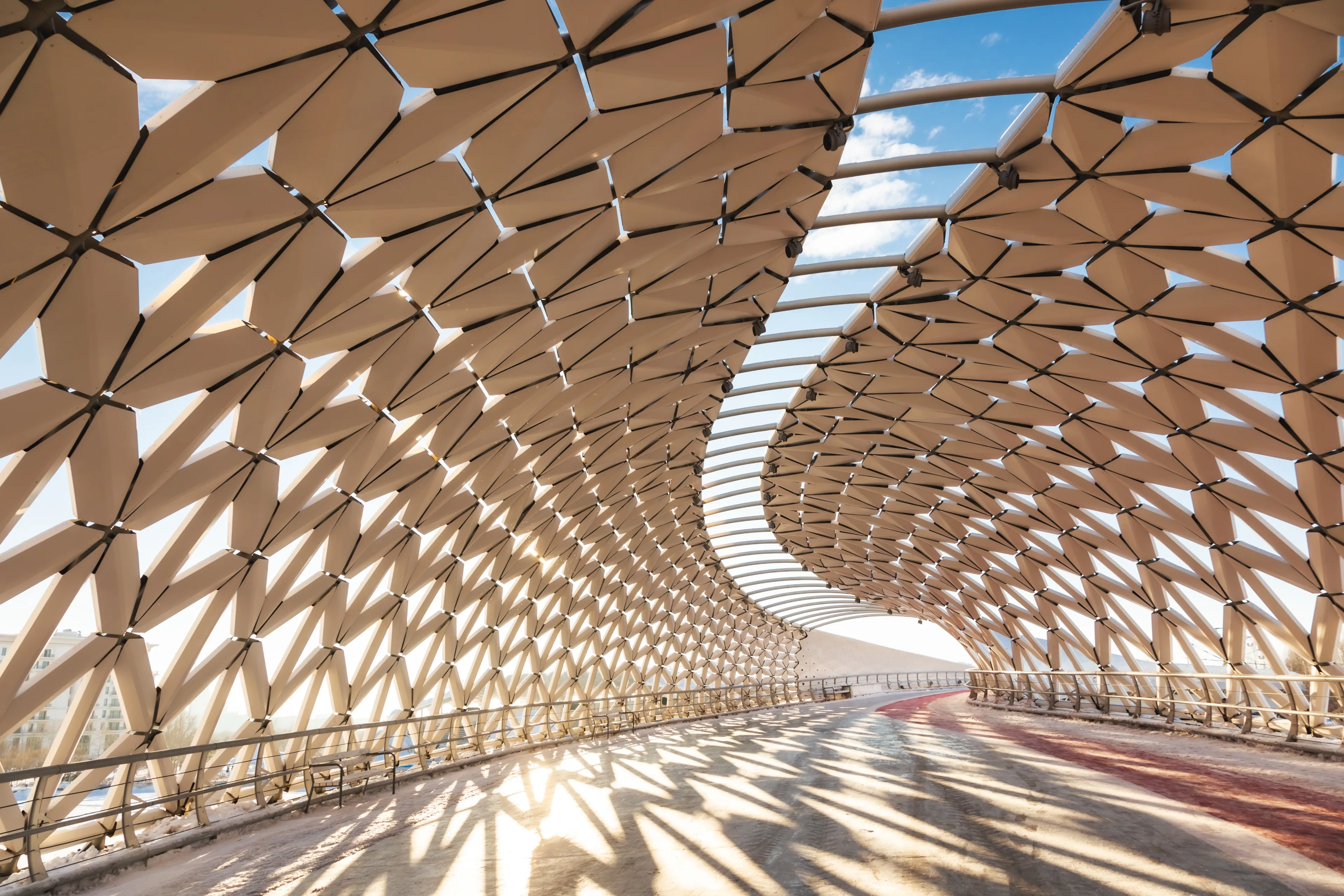 Interior of Atyrau Bridge, a contemporary pedestrian bridge over Ishim river and a popular tourist attraction in Astana, Kazakhstan