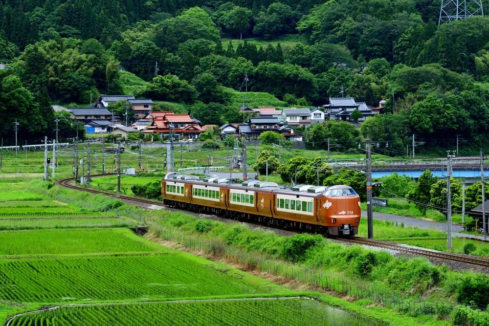 Tottori, Japan - June 4, 2024: A view from above of a Series 273 Hakubi Line Express train passing by the rice fields.