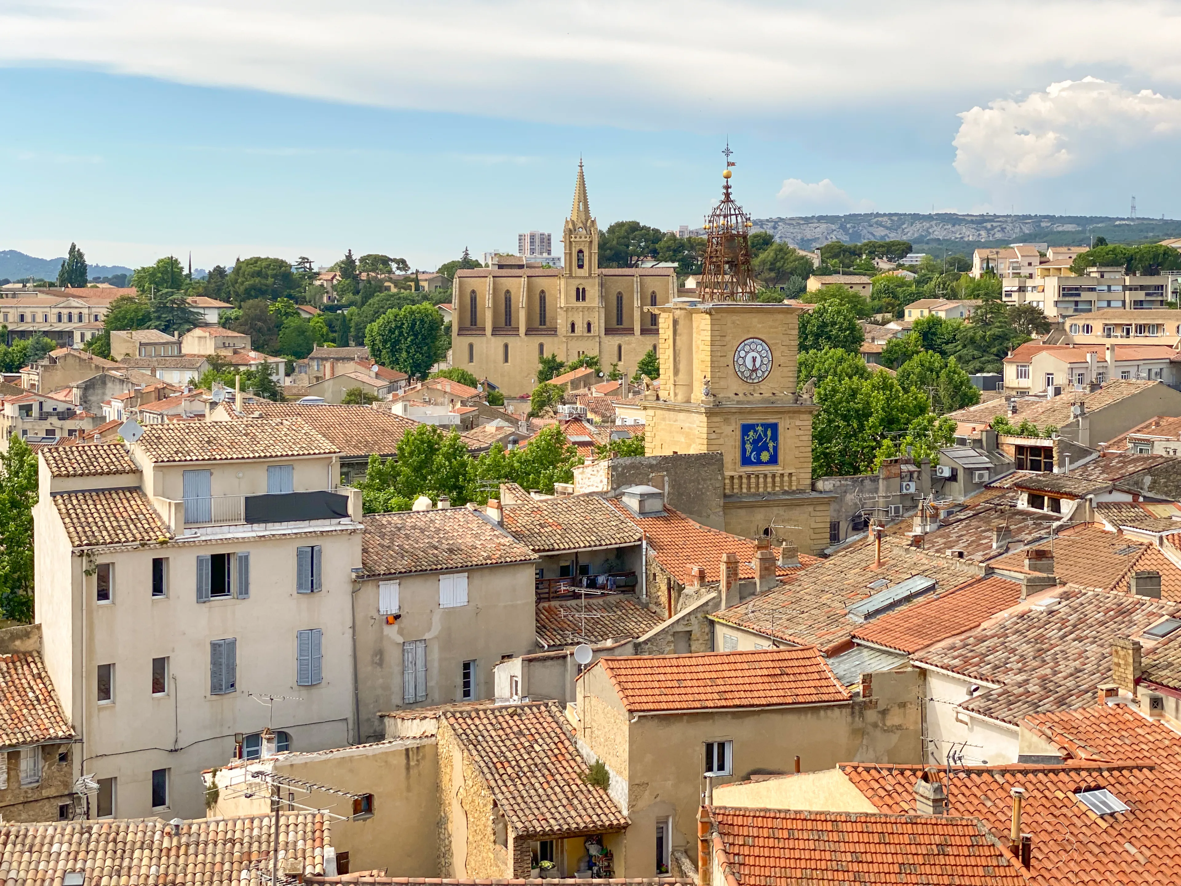 Skyline of the city of Salon de Provence with a view on the Tour de l'Horloge, a famous bell tower, and the colored roofs of the old medieval city