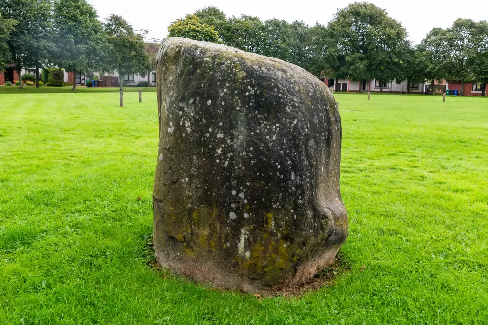 A standing stone at Balfarg prehistoric monument complex in Glenrothes, Scotland.