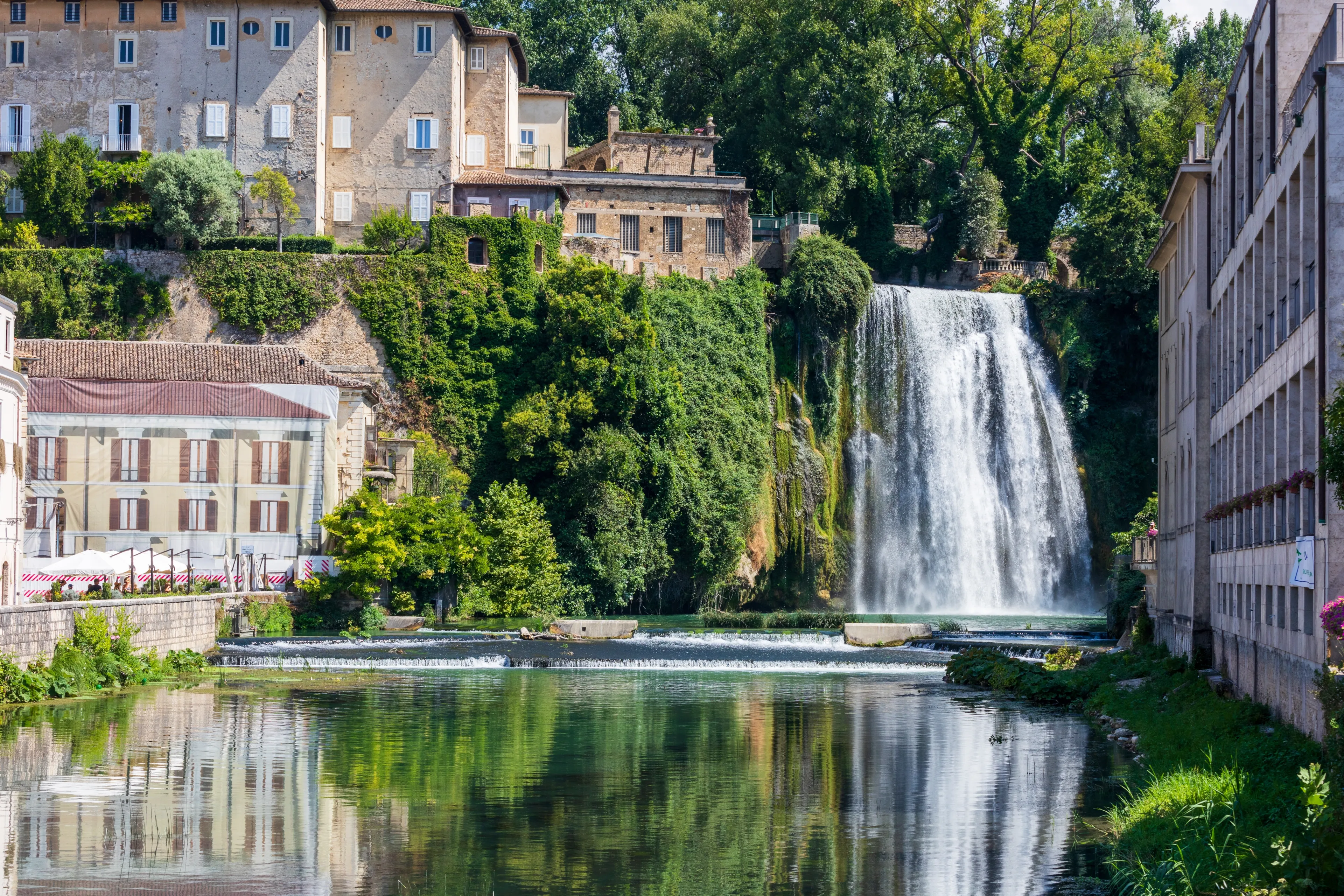 Italy, Frosinone, 07272024: Waterfall in the middle of the Liri Island in Frosinone, Italy
