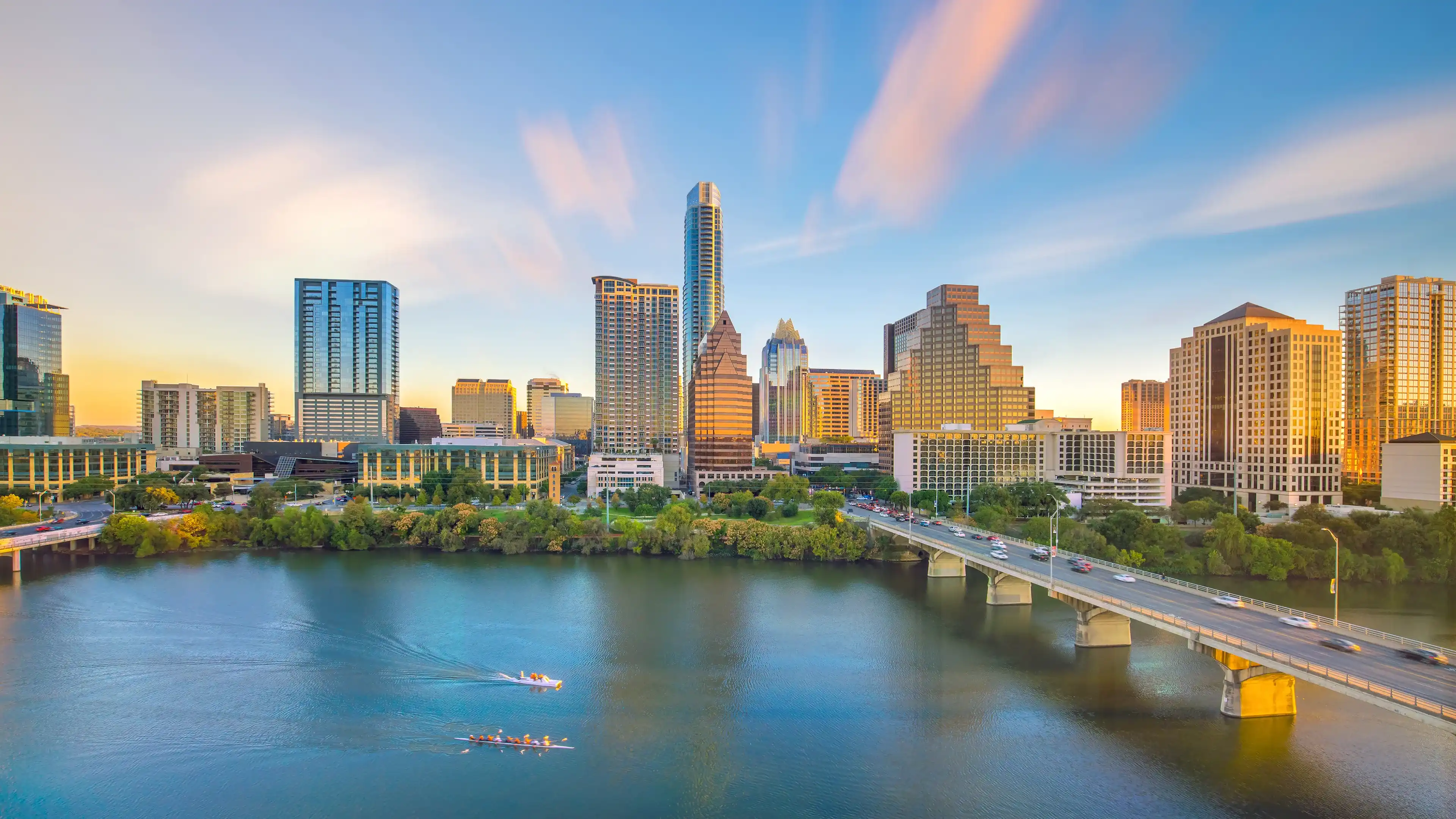 Downtown Skyline of Austin, Texas in USA from top view at sunset