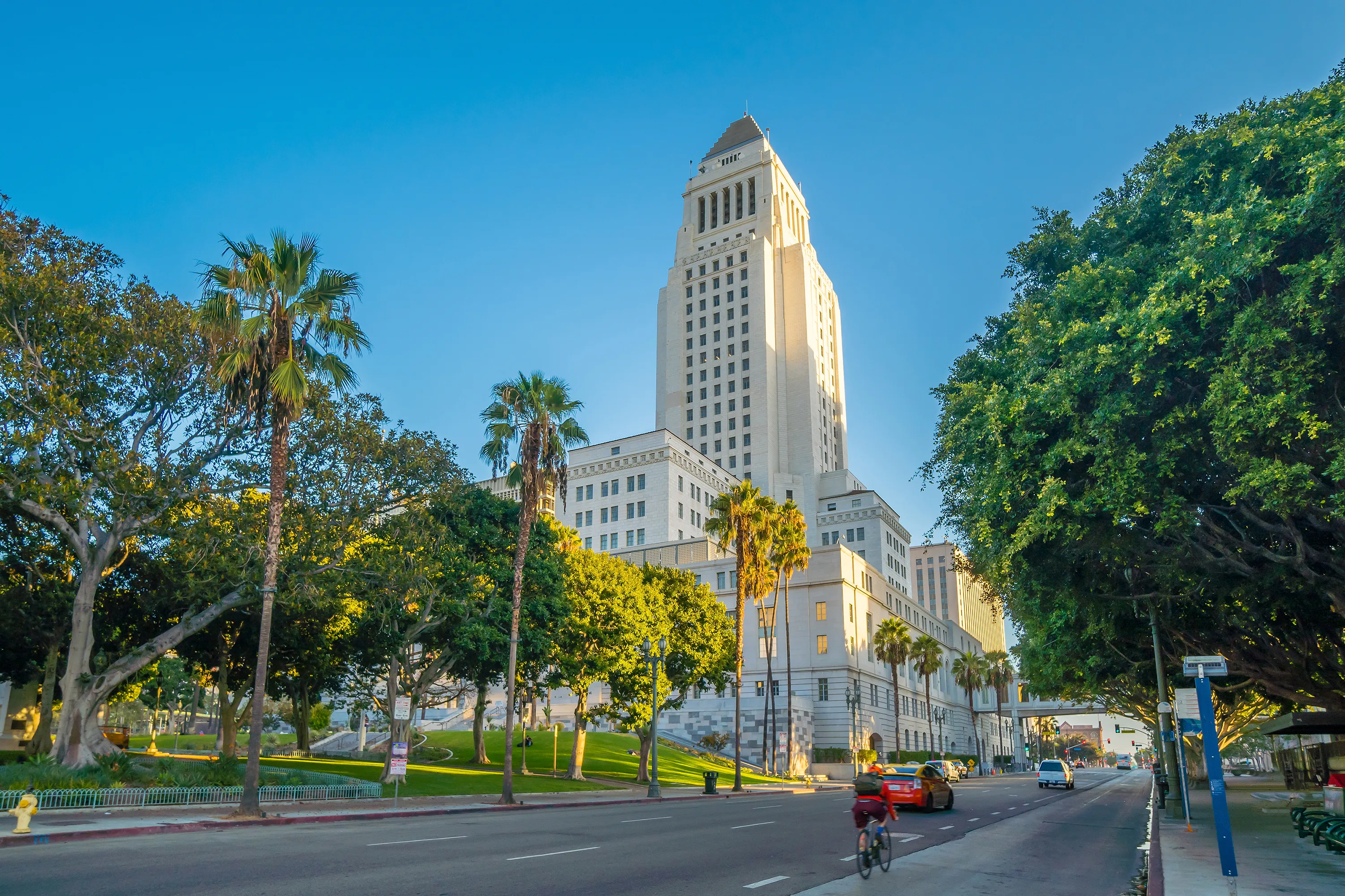 Historic Los Angeles City Hall with blue sky in CA, USA