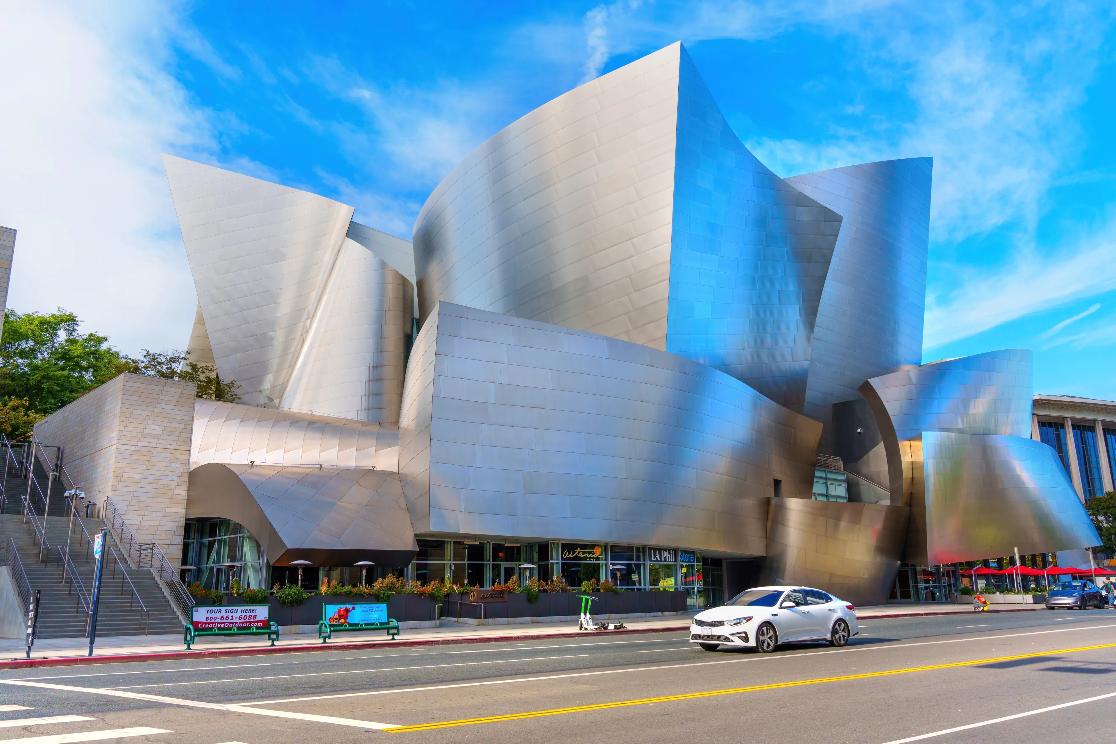 Los Angeles, California - January 7, 2025: Walt Disney Concert Hall features futuristic design and stunning metallic finish, showcasing modern architecture in Los Angeles.