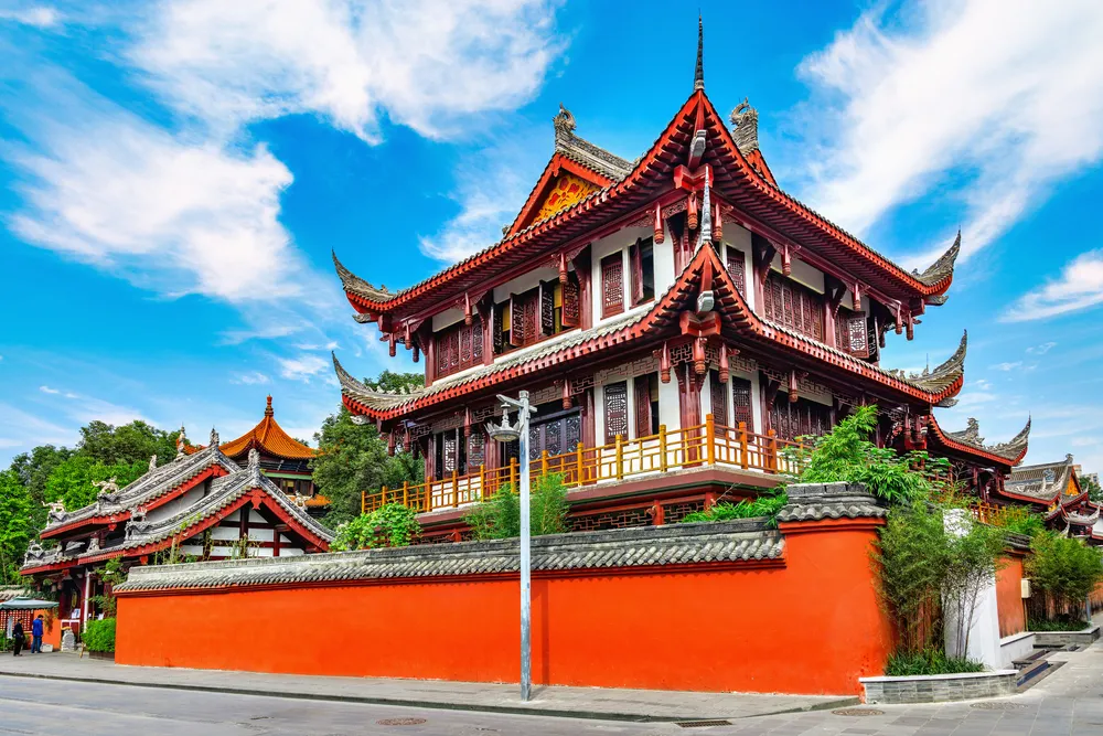Exterior of Wenshu monastery at sunny day time. Chengdu. China.