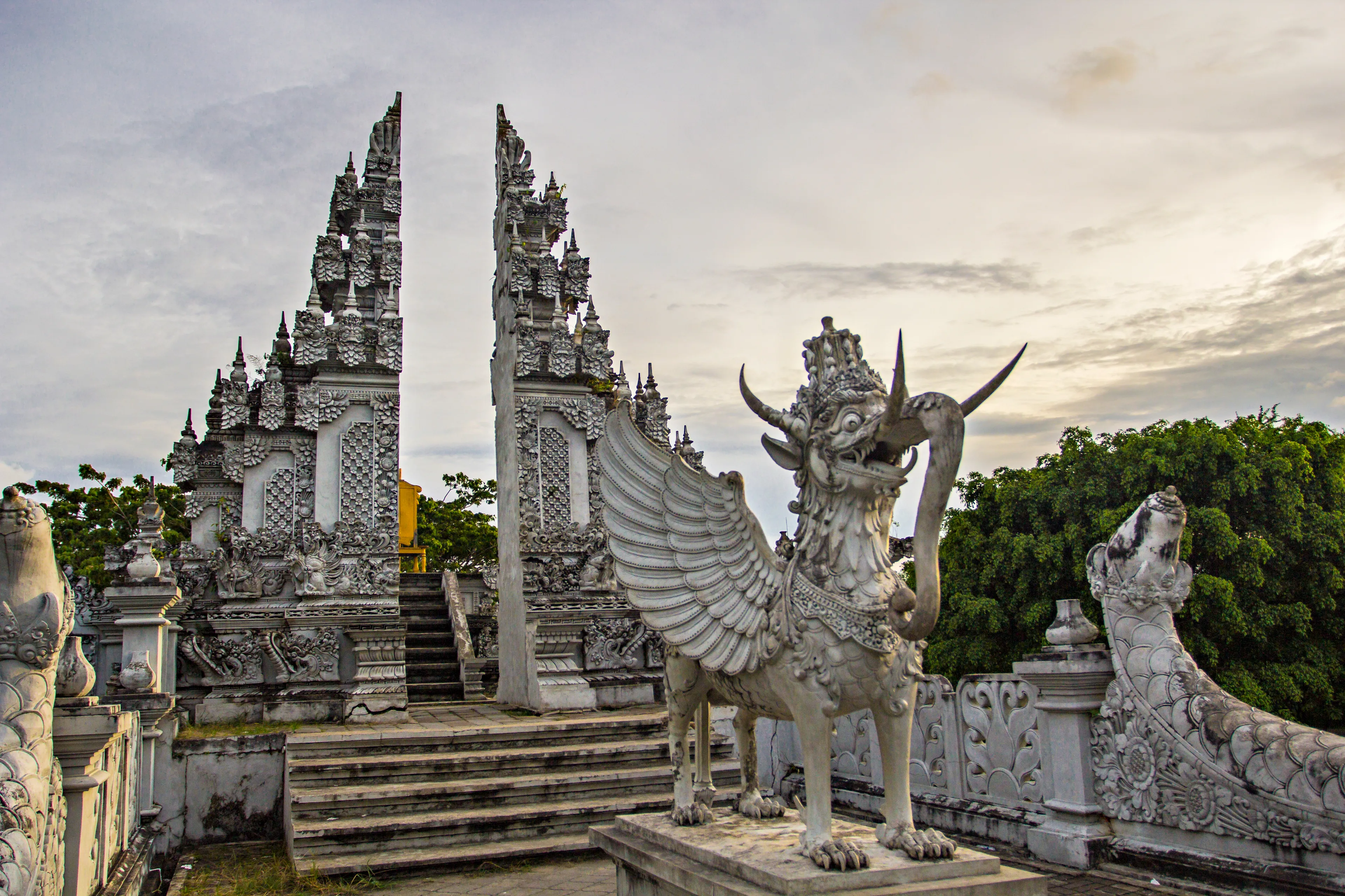Lembuswana statue, mythological animal who has head of lion with crown, elephant trunk, fish scales, and eagle wings in a templePulau Kumala (Kumala Island), Tenggarong, Kutai Kartanegara, Indonesia.