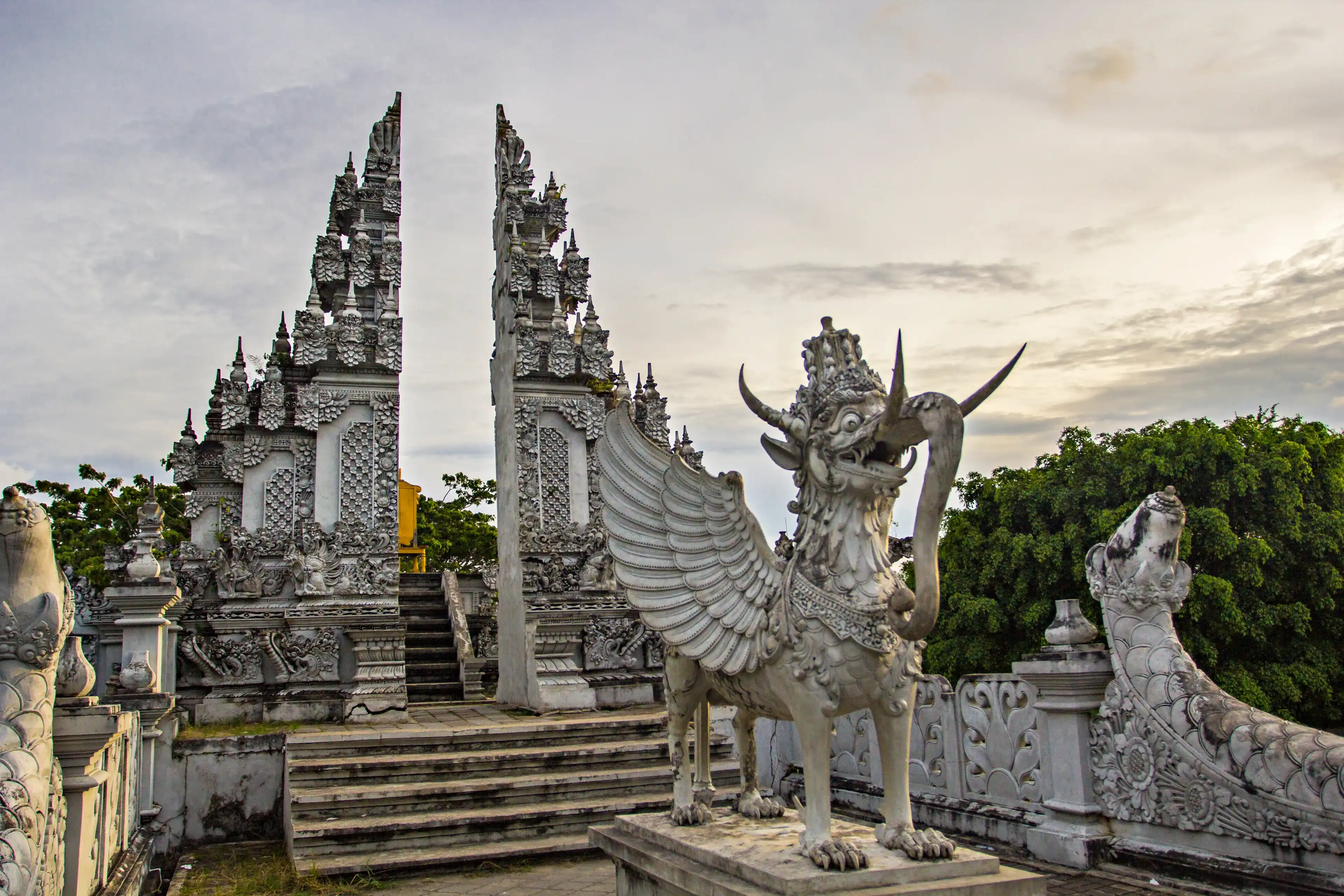 Lembuswana statue, mythological animal who has head of lion with crown, elephant trunk, fish scales, and eagle wings in a templePulau Kumala (Kumala Island), Tenggarong, Kutai Kartanegara, Indonesia.