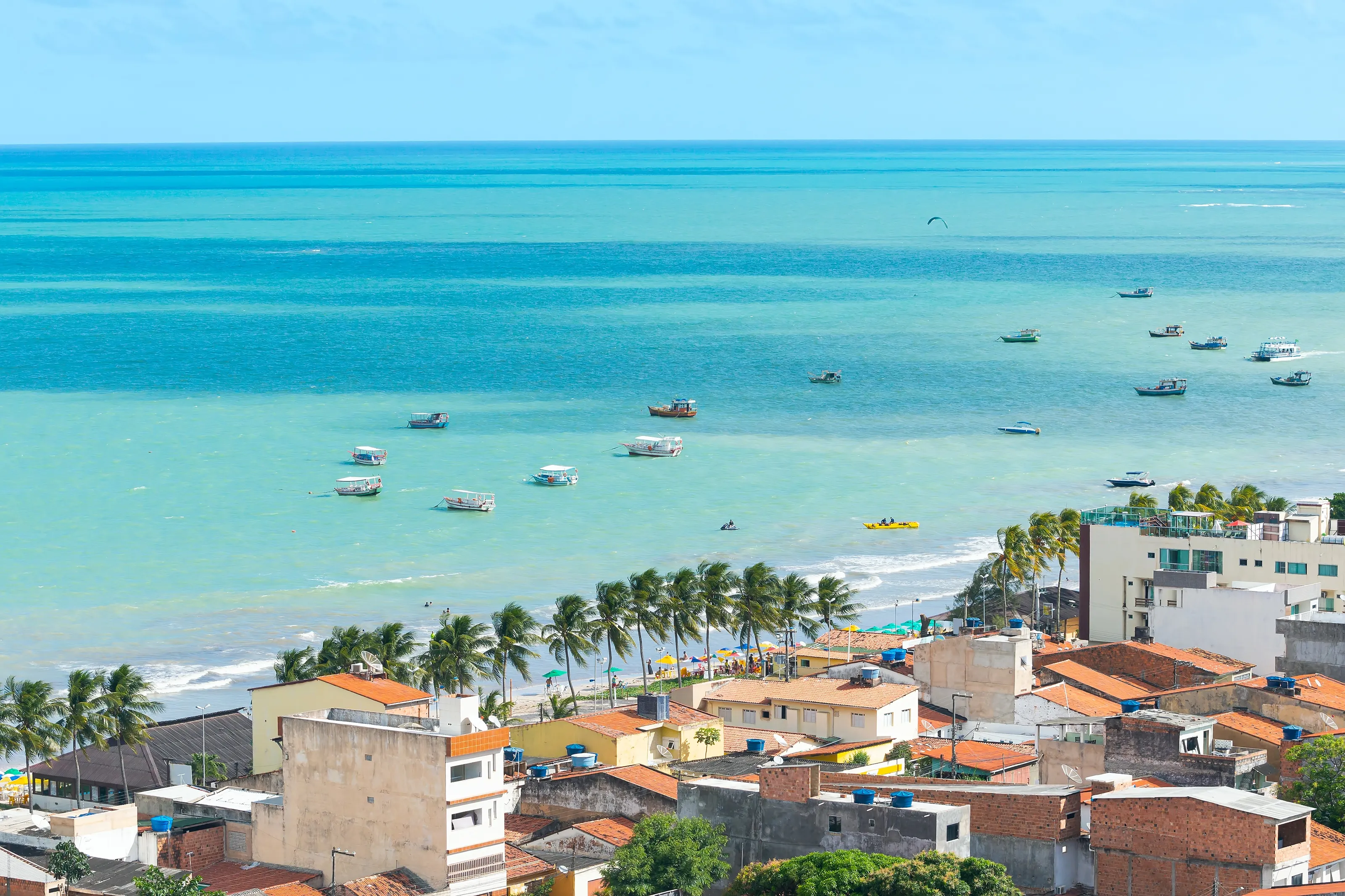 Aerial view of Maragogi, AL, Brazil. Landscape of the city and the Maragogi beach, famous tourist destination of the brazilian coast.