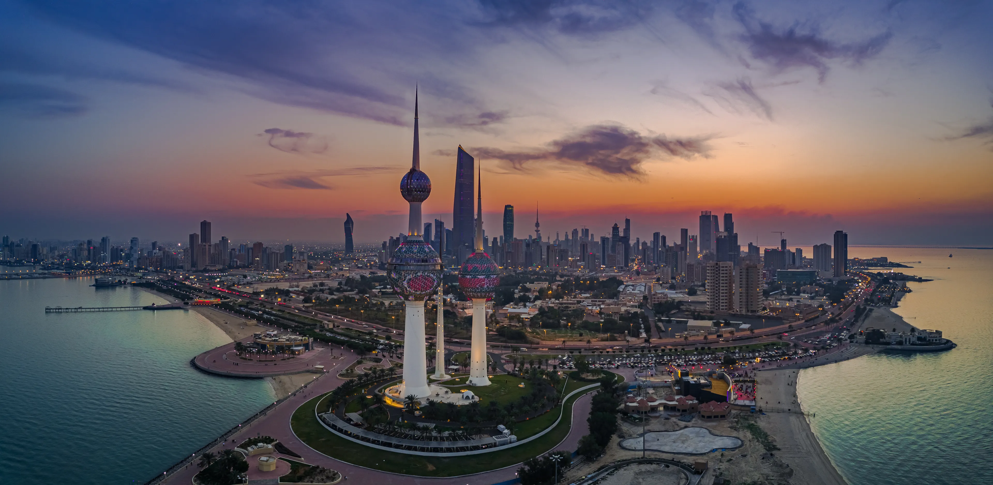Kuwait Towers Sunset Aerial Panorama