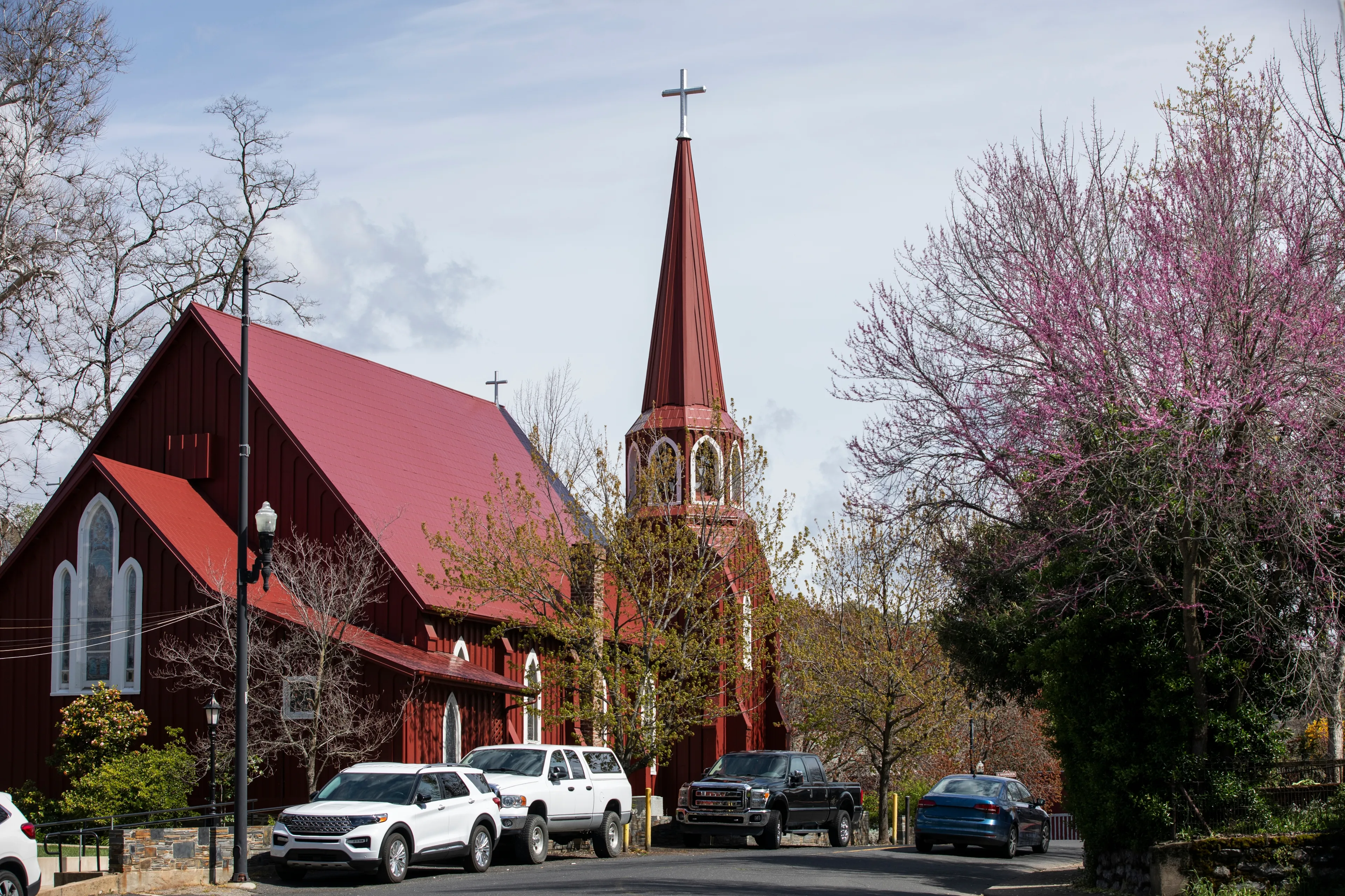 Spring time view of a historic church in downtown Sonora, California, USA.