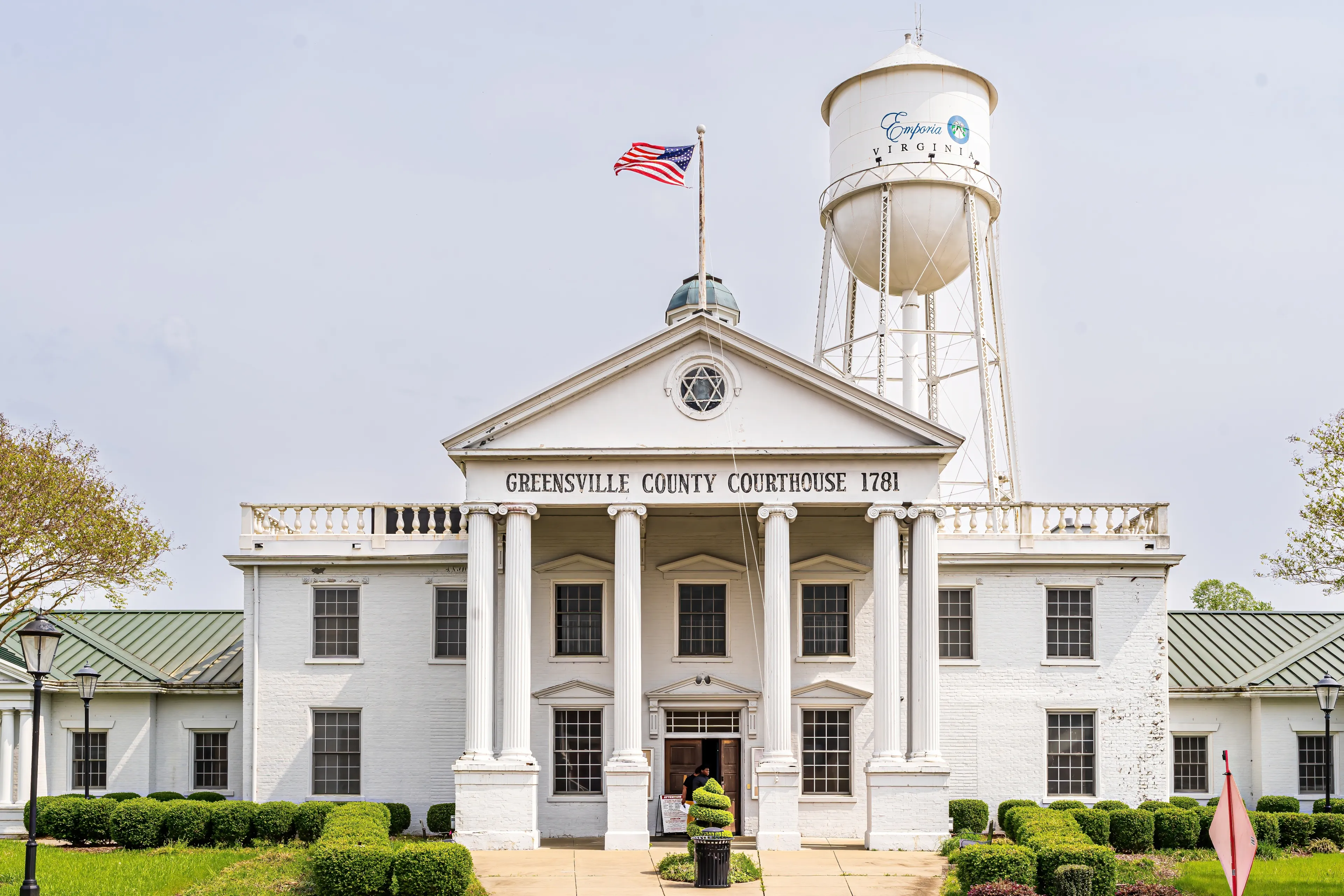 Emporia, Virginia USA-04 06 2023: The Greensville County Courthouse and the Emporia Water Tower Are Downtown Landmarks.