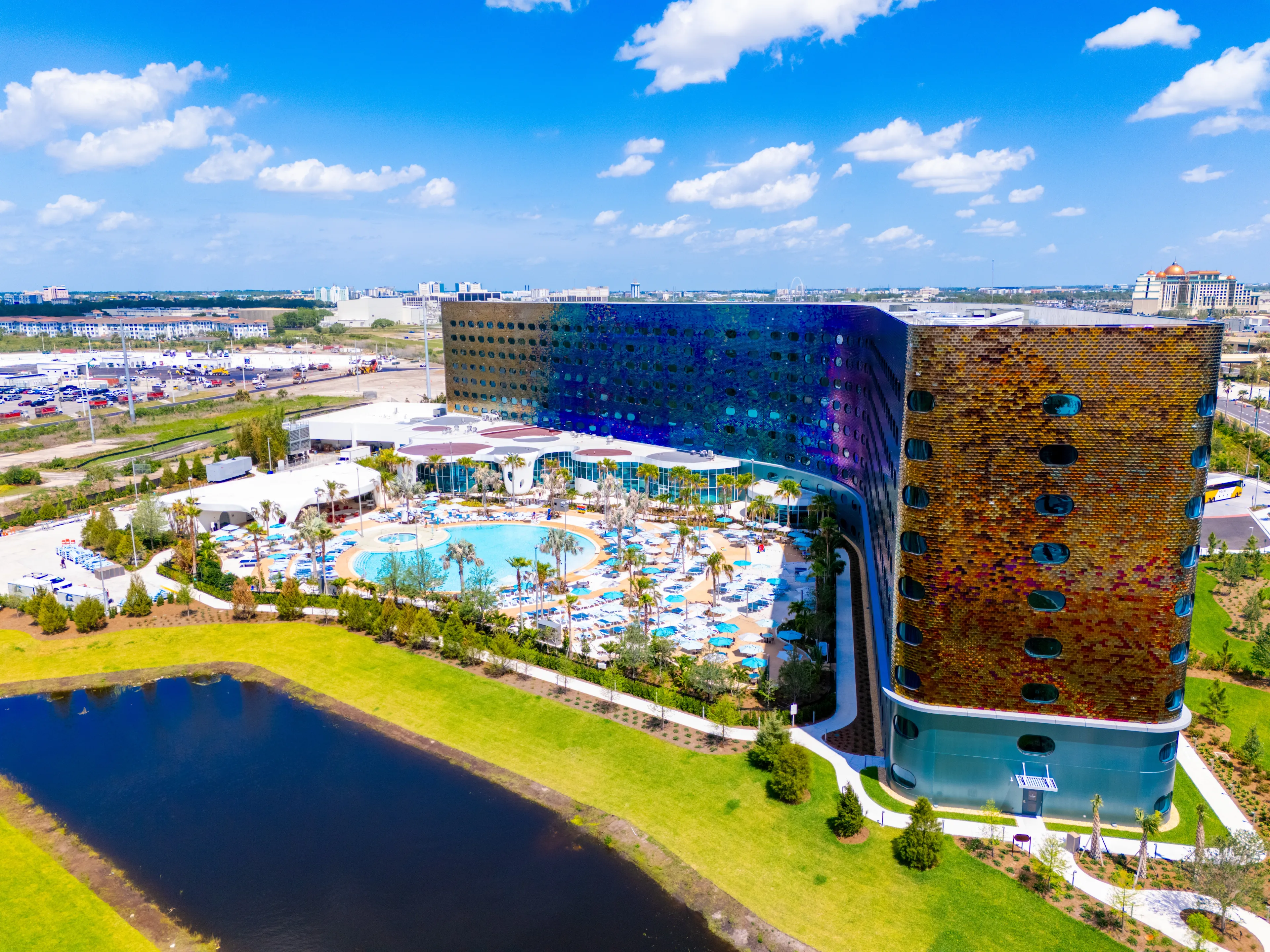 Orlando, FL, USA - April 7, 2025: Aerial photo Orlando Stella Luna and Terra Luna Resort Epic Universe