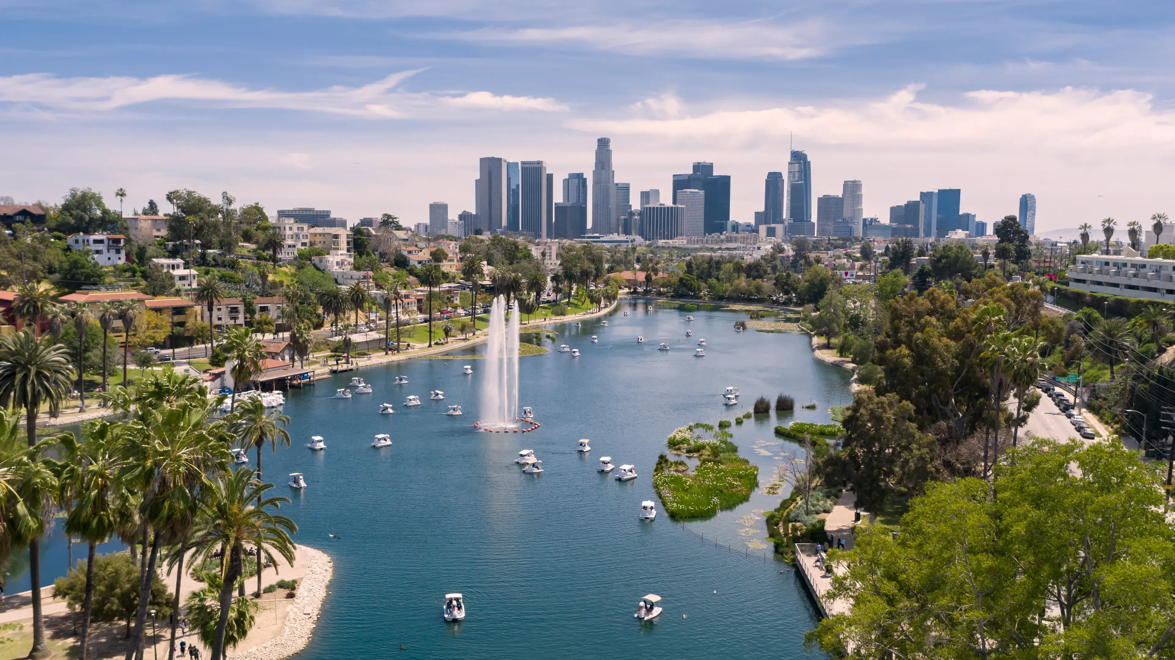 Aerial view of Echo Park with downtown Los Angeles skyline Aerial view of Echo Park with downtown Los Angeles skyline