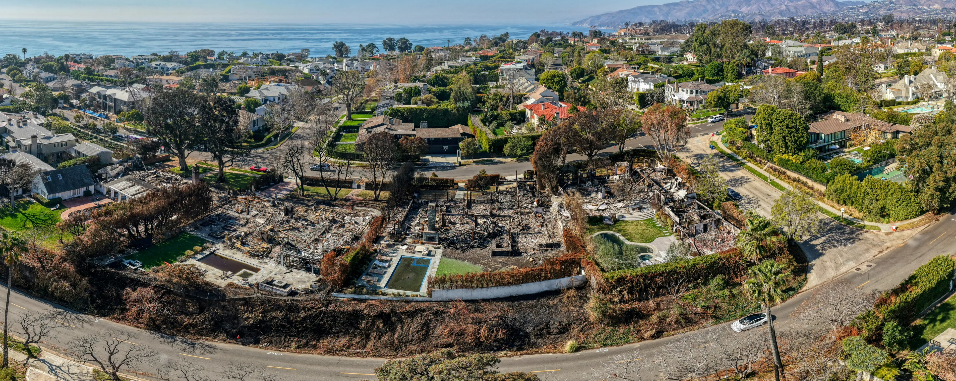 Aerial view of the Pacific Palisades after the fire