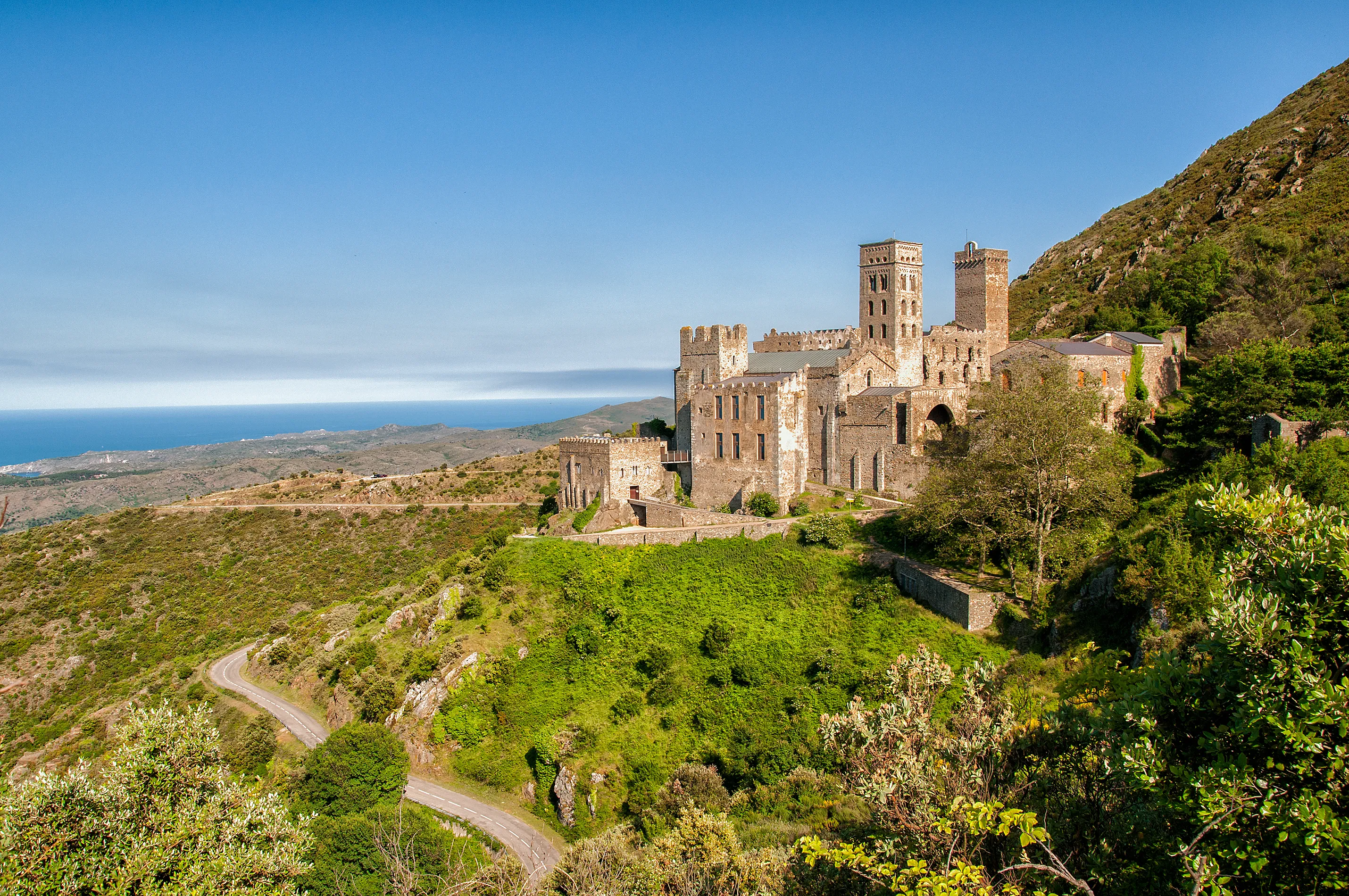 View of the Monastery of Sant Pere de Rodes in El Port de la Selva, Girona, Spain.