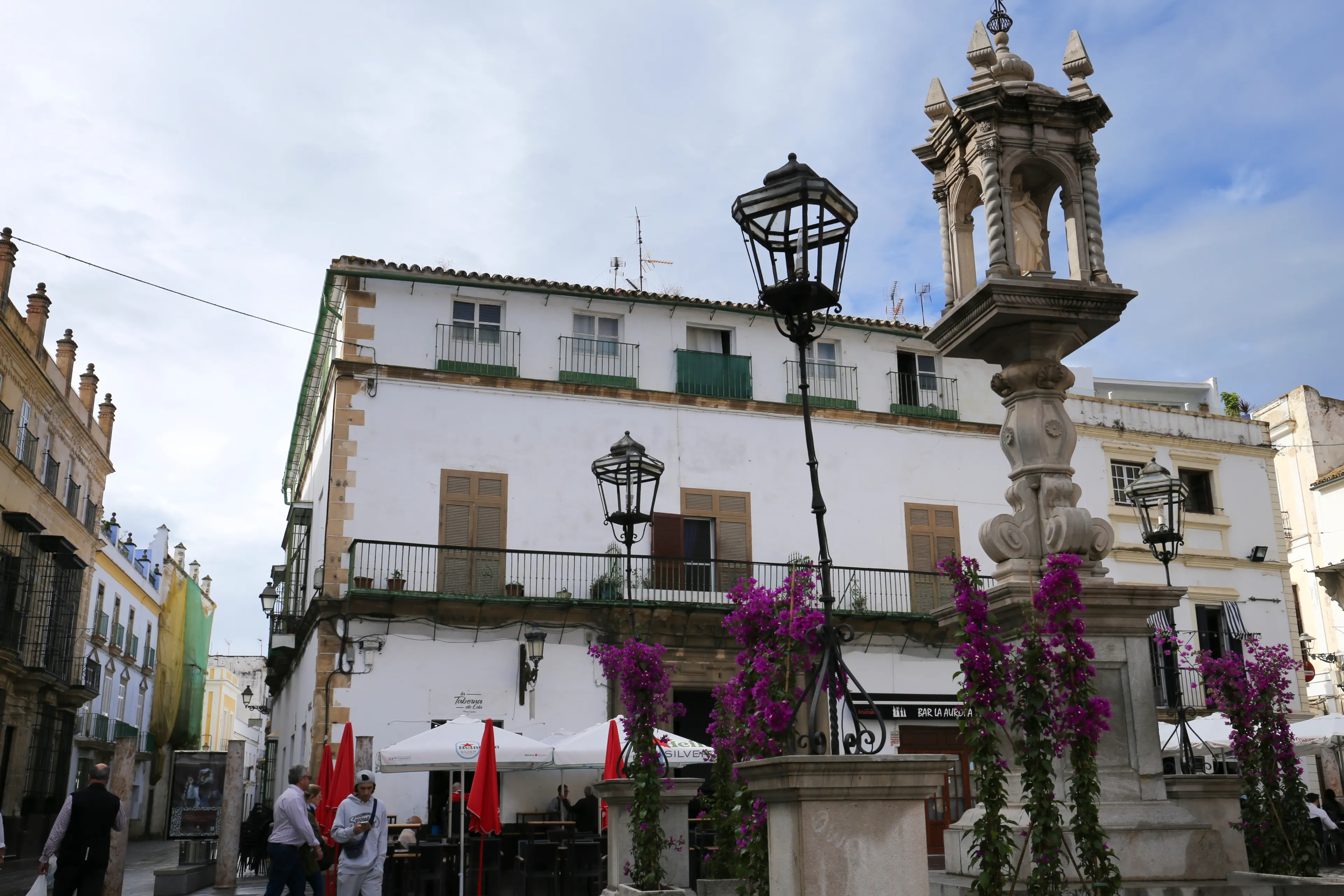Puerto de Santa Maria, Cadiz, Andalusia, Spain- October 23, 2023: Plaza de Espana or also called Church square in the old town of Puerto de Santa Maria