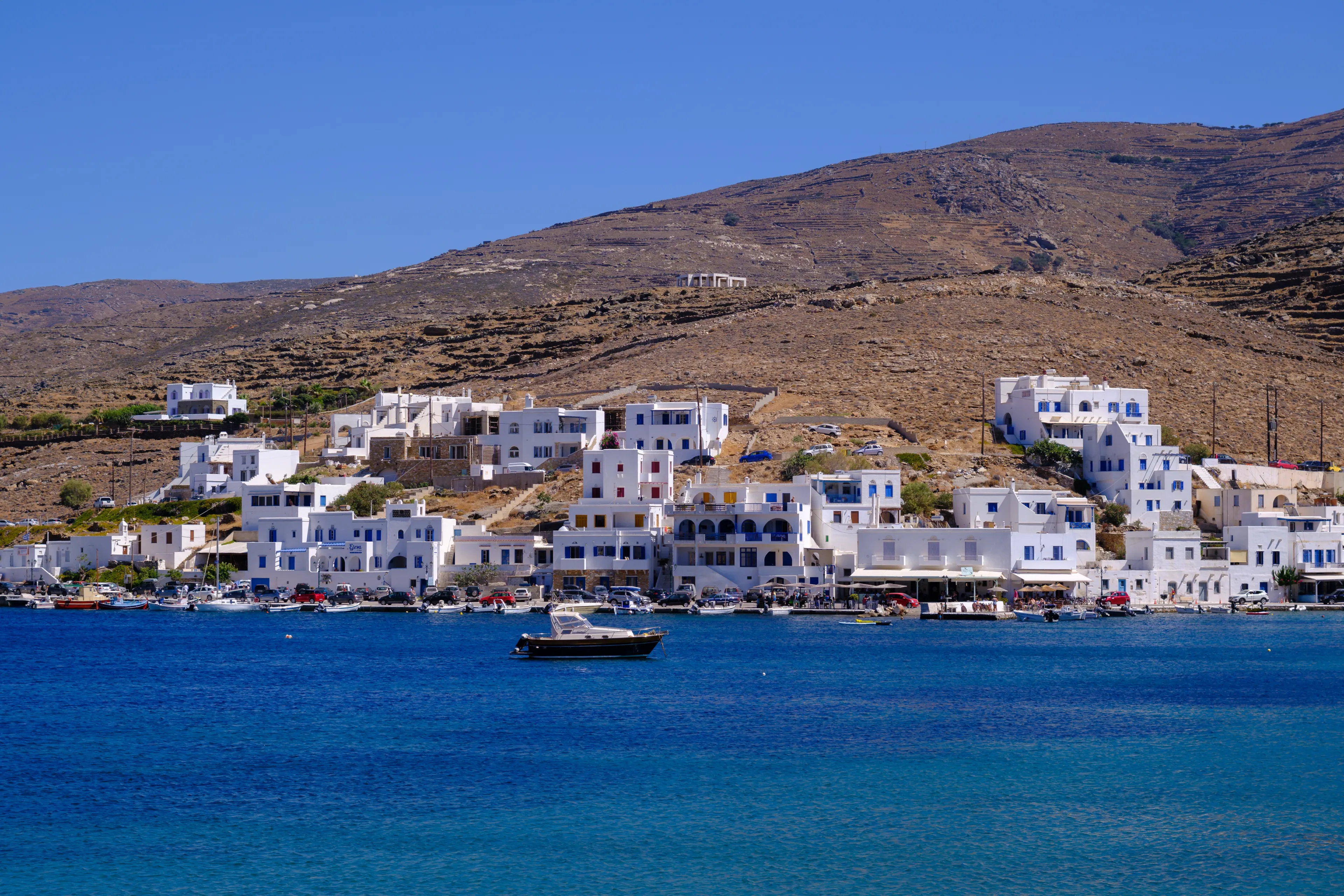Panormos, Tinos, GR - 6 August 2023: Panoramic view of Panormos village on Tinos Island