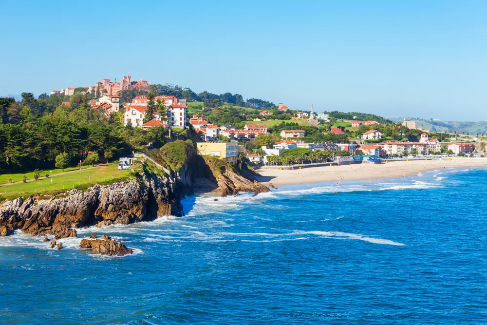 Comillas city cliff aerial panoramic view, Cantabria region of Spain