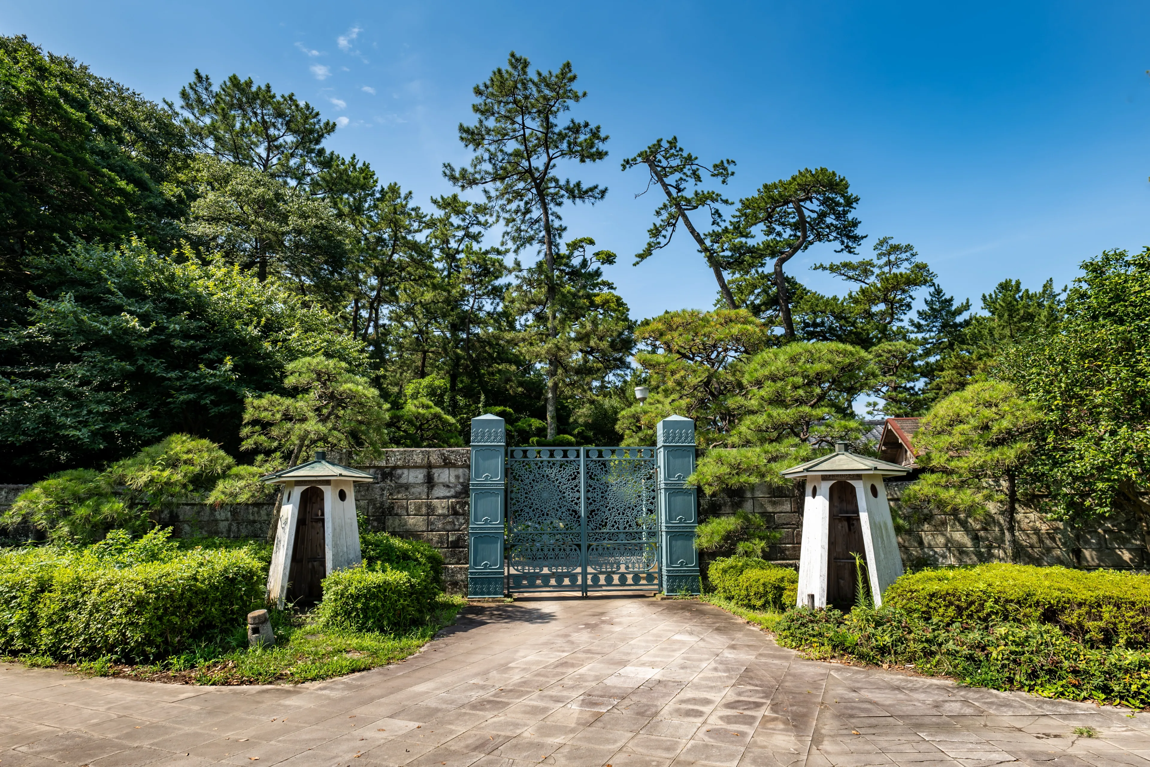 the main gate of the imperial villa memorial park in numazu, shizuoka prefecture, Japan. 