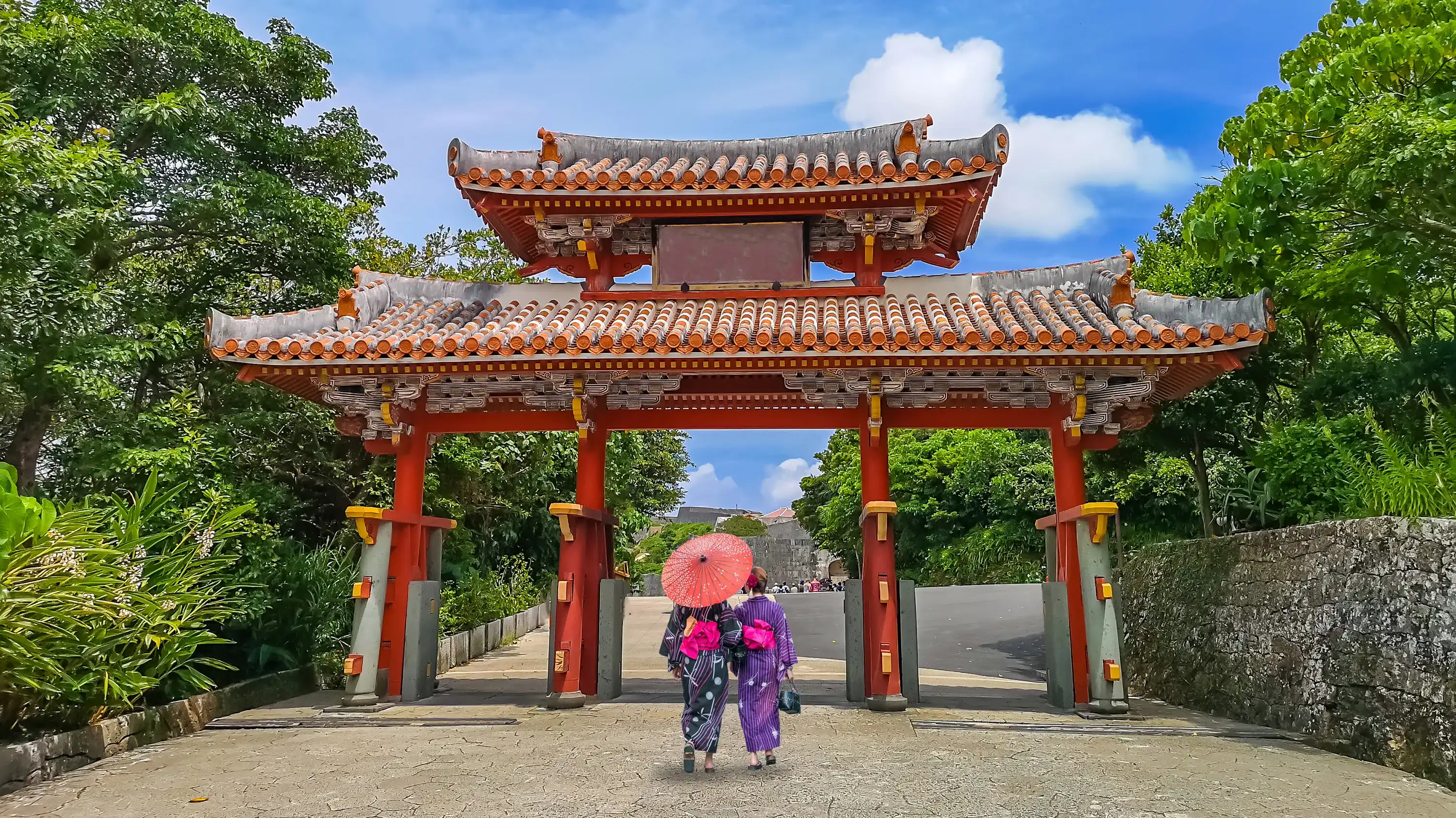 Shureimon Gate in Shuri castle in Okinawa, Japan with blue sky. 