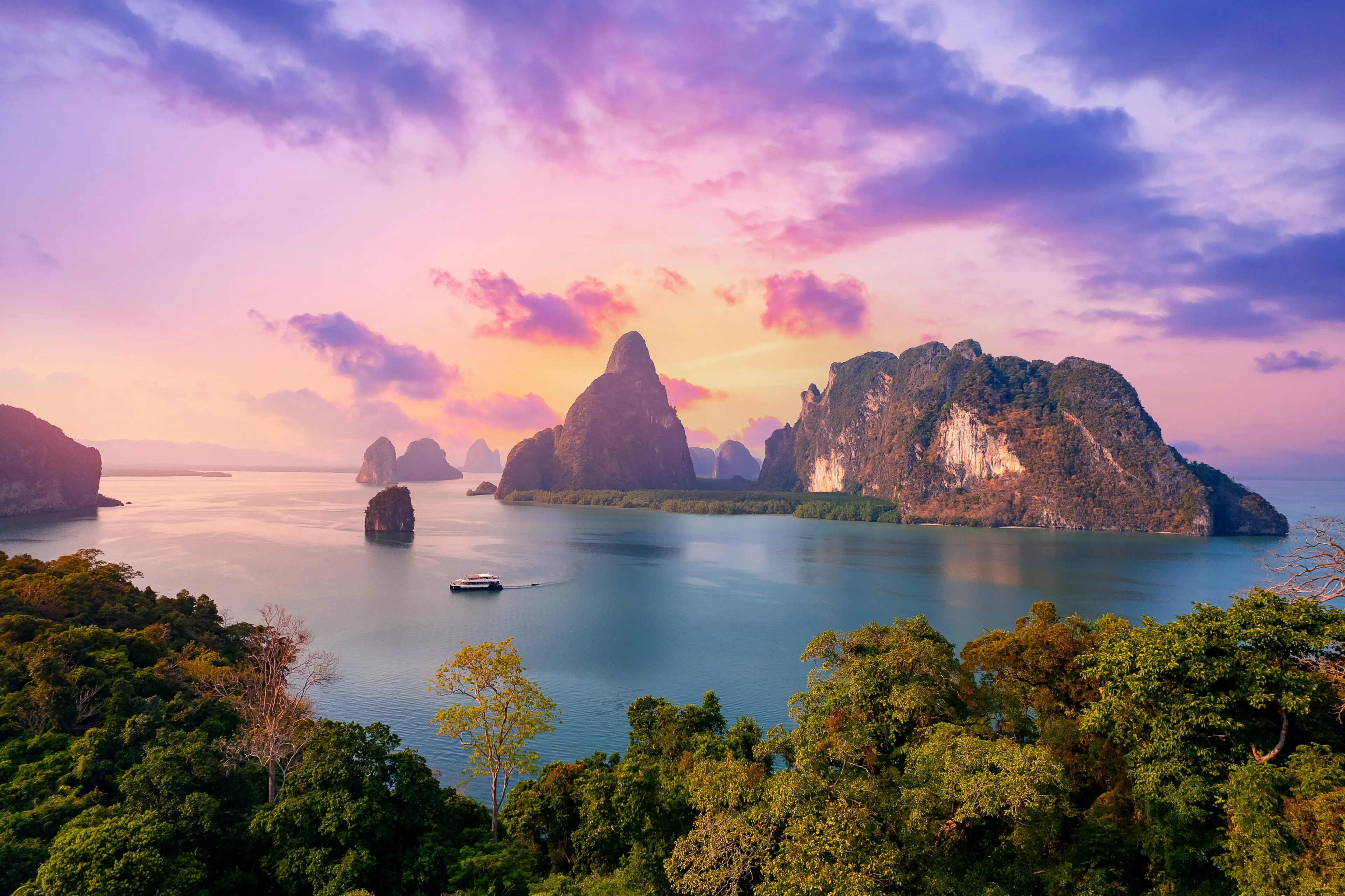Beautiful nature of Thailand aerial view, amazing sunset landscape Phang Nga bay and Hong tropical island. Travel trip on Asia concept.